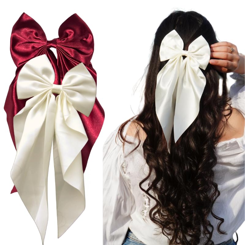 Chictresses® 2 Pack Hair Bows for Women & Girls - Luxury Satin Hair Clips in Off White & Red - Cute Hair Accessories for Parties, Weddings & Daily Wear