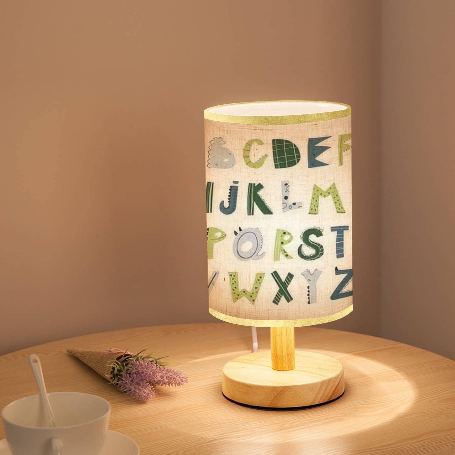 Minimalist Wood Nightstand Lamp with Flaxen Fabric Shade - Hand-Drawn Dinosaur Alphabet Kids Room Decor - Bedside & Desk Lamp for Bedroom, Living Room, Nursery - Perfect for Night Reading and Cozy Ambiance