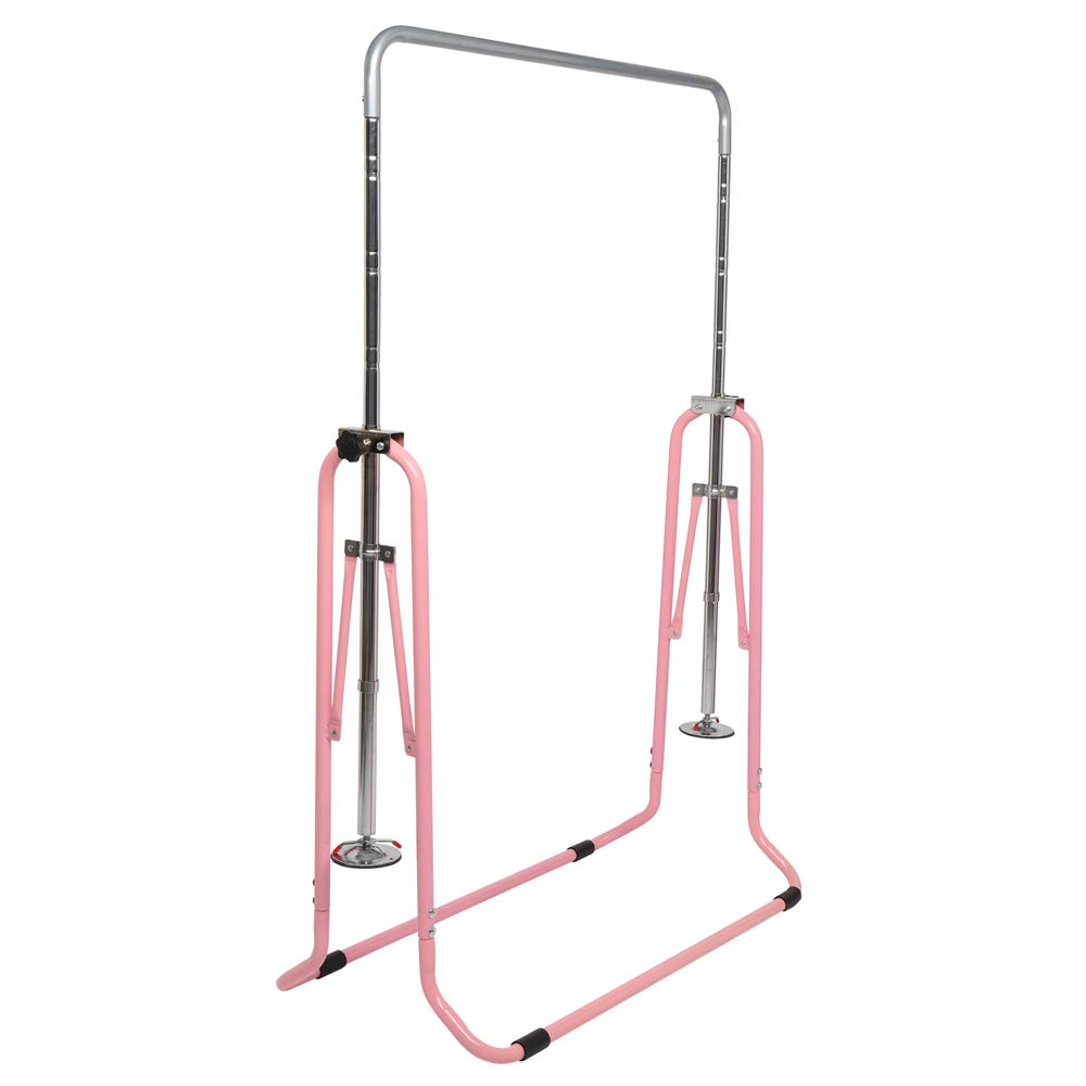 Foldable Kids Gymnastics Bar - Adjustable Horizontal Pull Up Bar for Children, Pink Home Exercise Equipment for Indoor Playroom & Backyard Training