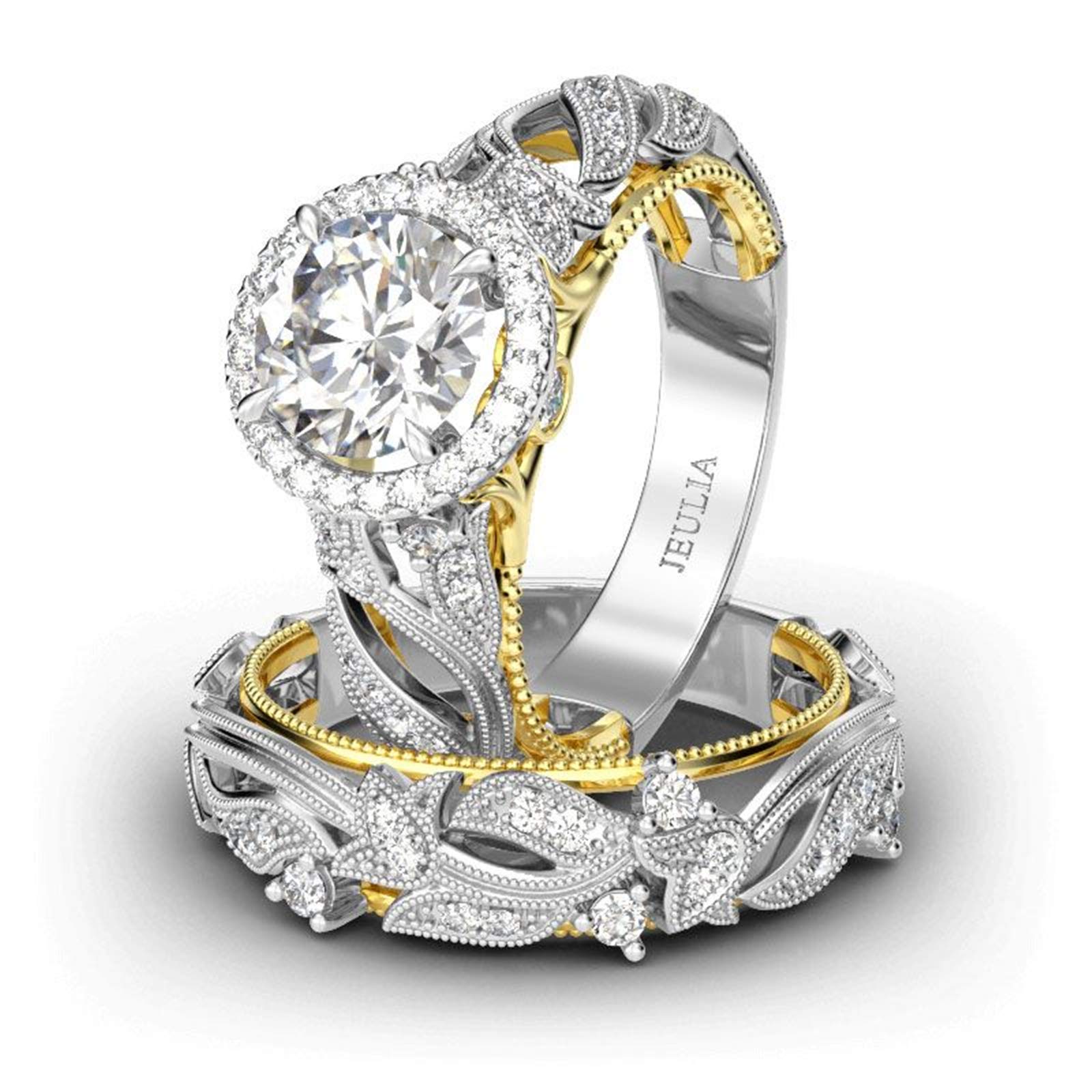Jeulia 4 Carat Openwork Wedding Ring Set for Women - 925 Sterling Silver & Yellow Gold Halo Engagement Ring with Round Cut White Diamond & CZ Solitaire Band - Perfect for Anniversary, Promise & Bridal Jewelry Gifts