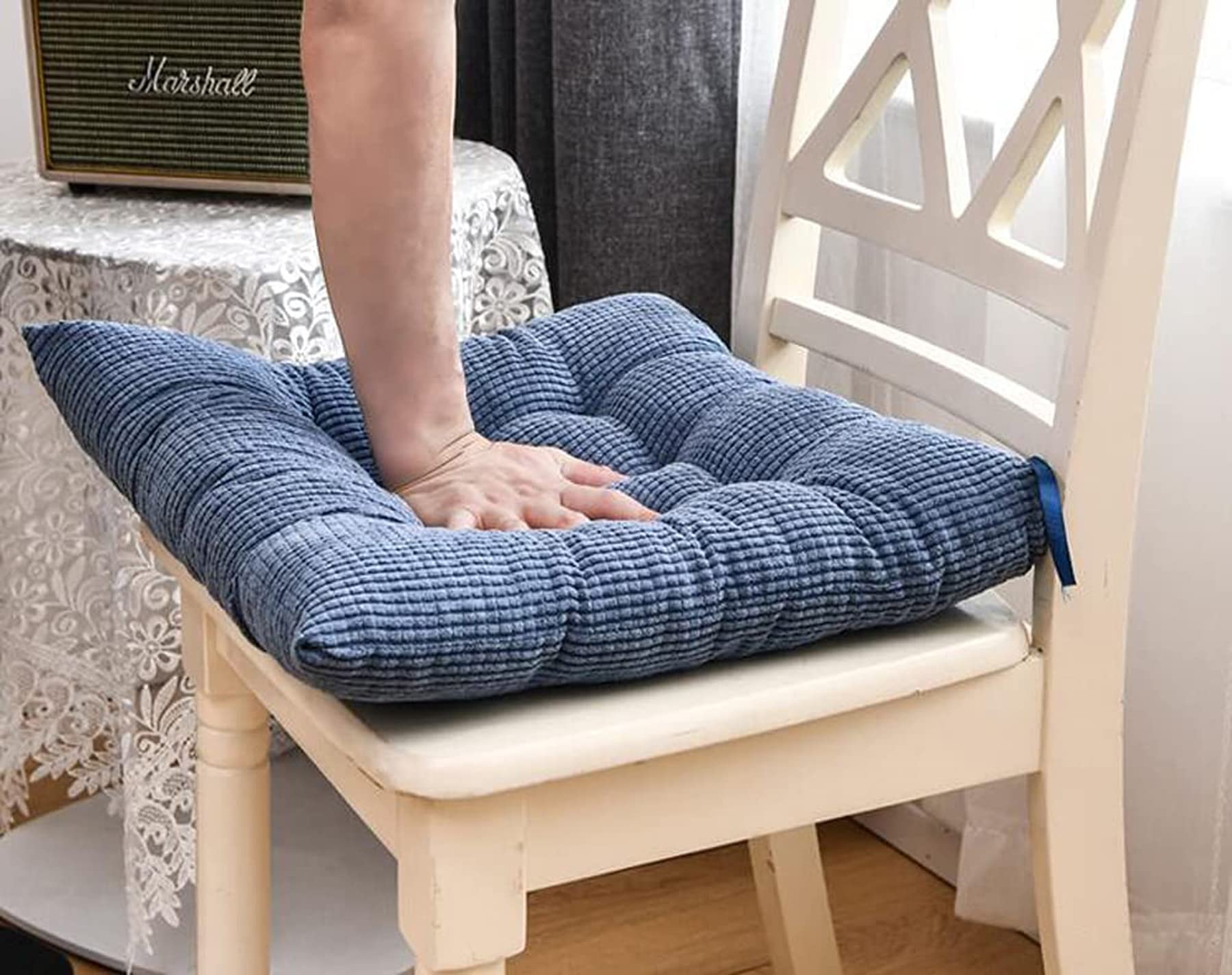 Premium Non-Slip Corduroy Chair Cushion with Ties - 17x17 Inch Tufted Seat Pad for Kitchen, Dining, Office & Car Chairs - Comfortable & Stylish Blue Home Decor (Perfect for Living Room, Patio & Workspace)