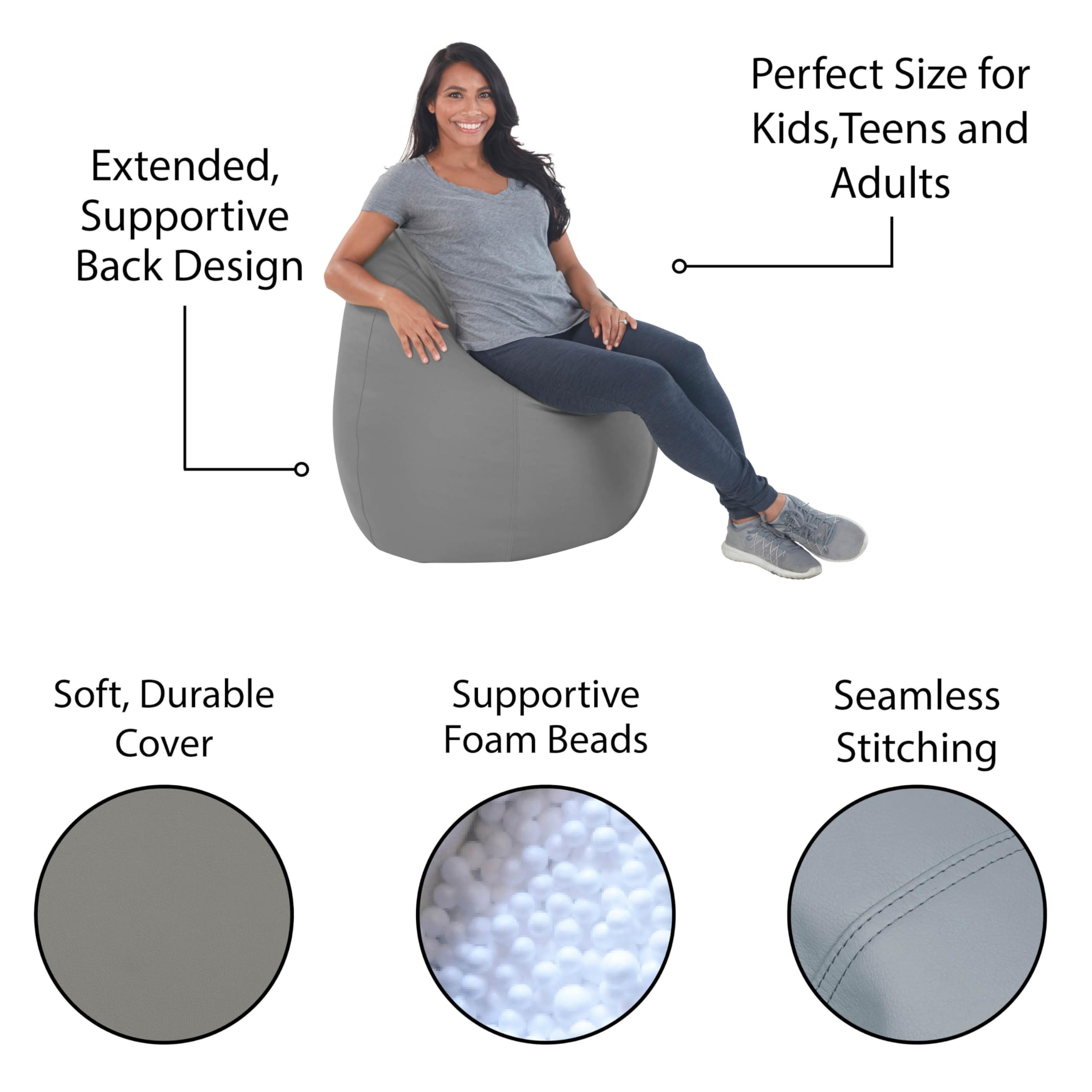 FDP Dew Drop Bean Bag Chair - High-Back Supportive Flexible Seating for Adults & Kids - Comfortable Gaming Chair for Bedroom, Dorm, Classroom - Lightweight Portable Lounger for Reading, Relaxing, Gaming (Gray/Light Gray)