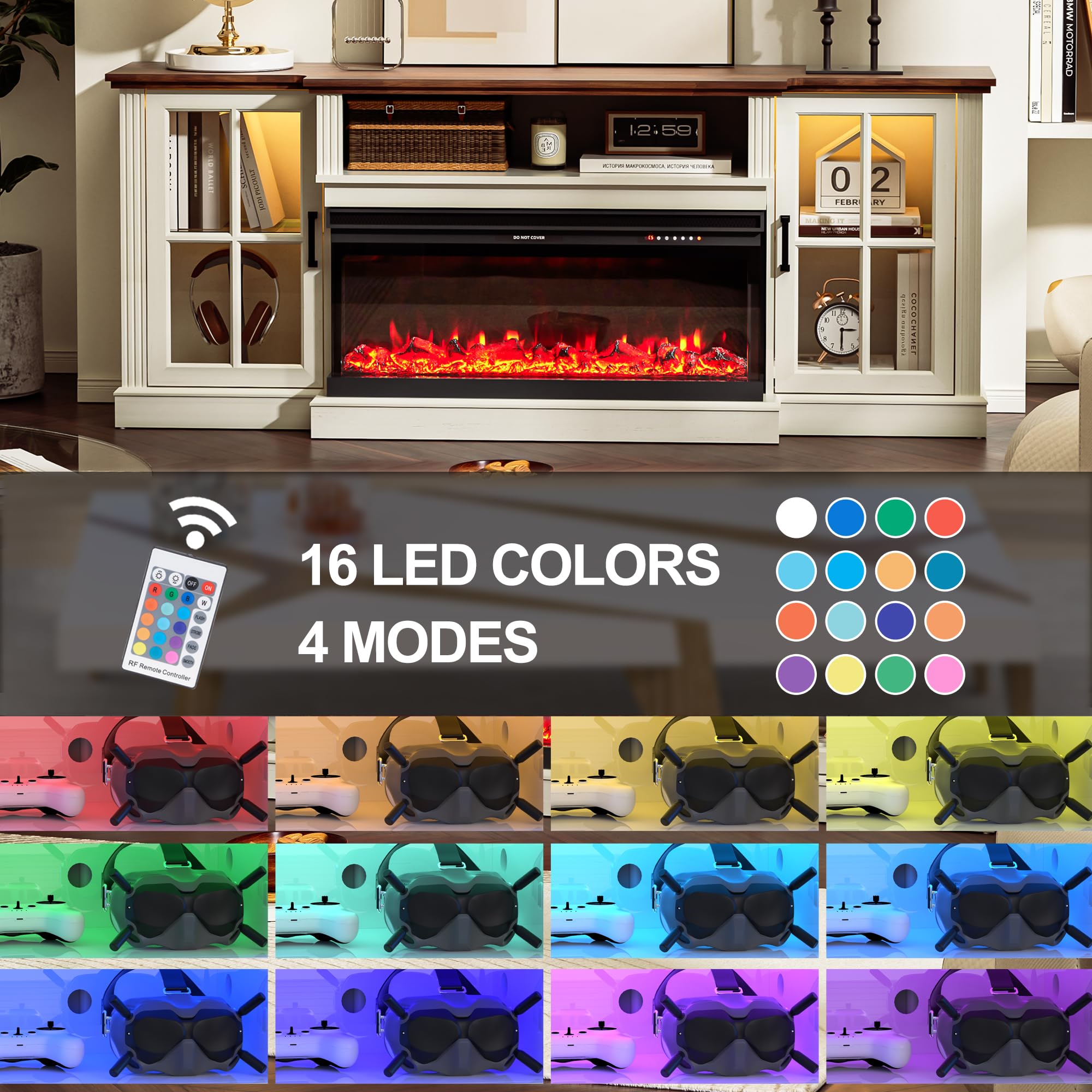 AHB 70 Inch 3-Sided Fireplace TV Stand for 80 Inch TVs - Electric Fireplace Entertainment Center with LED Lights, Farmhouse Highboy Media Console with Glass Door Cabinet - Perfect for Living Room, Bedroom & Home Theater Setup