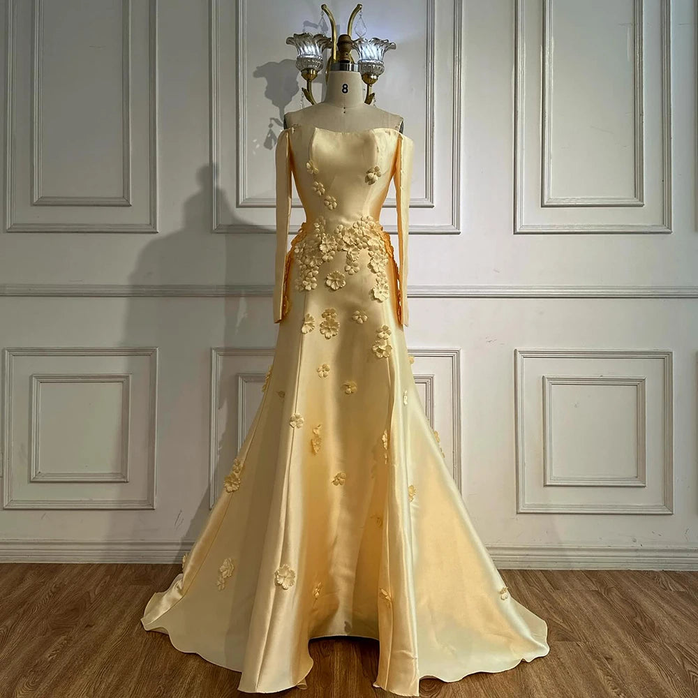 Luxury Dubai Arabia Yellow A-Line Satin Applique Evening Gown for Women - Formal Occasion Wedding Prom Party Dress LA72833 | Elegant Ball Gown for Special Events & Red Carpet