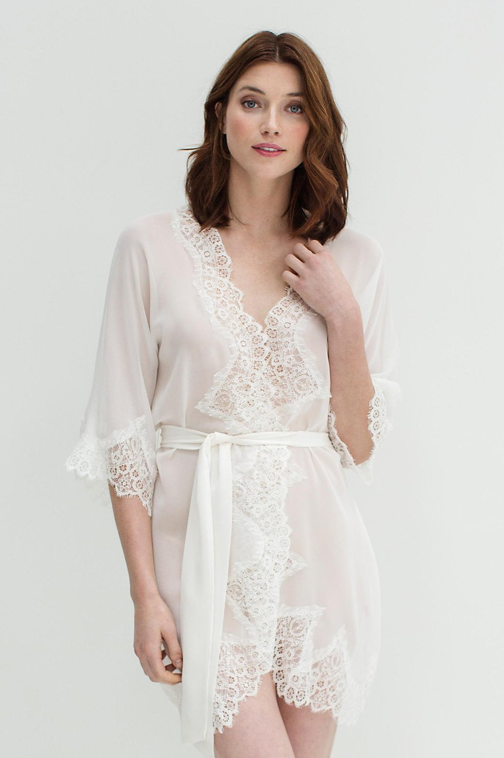 Ivory Lace Silk Chiffon Kimono Robe - Elegant Lingerie Cover Up for Bridal, Boudoir & Special Occasions