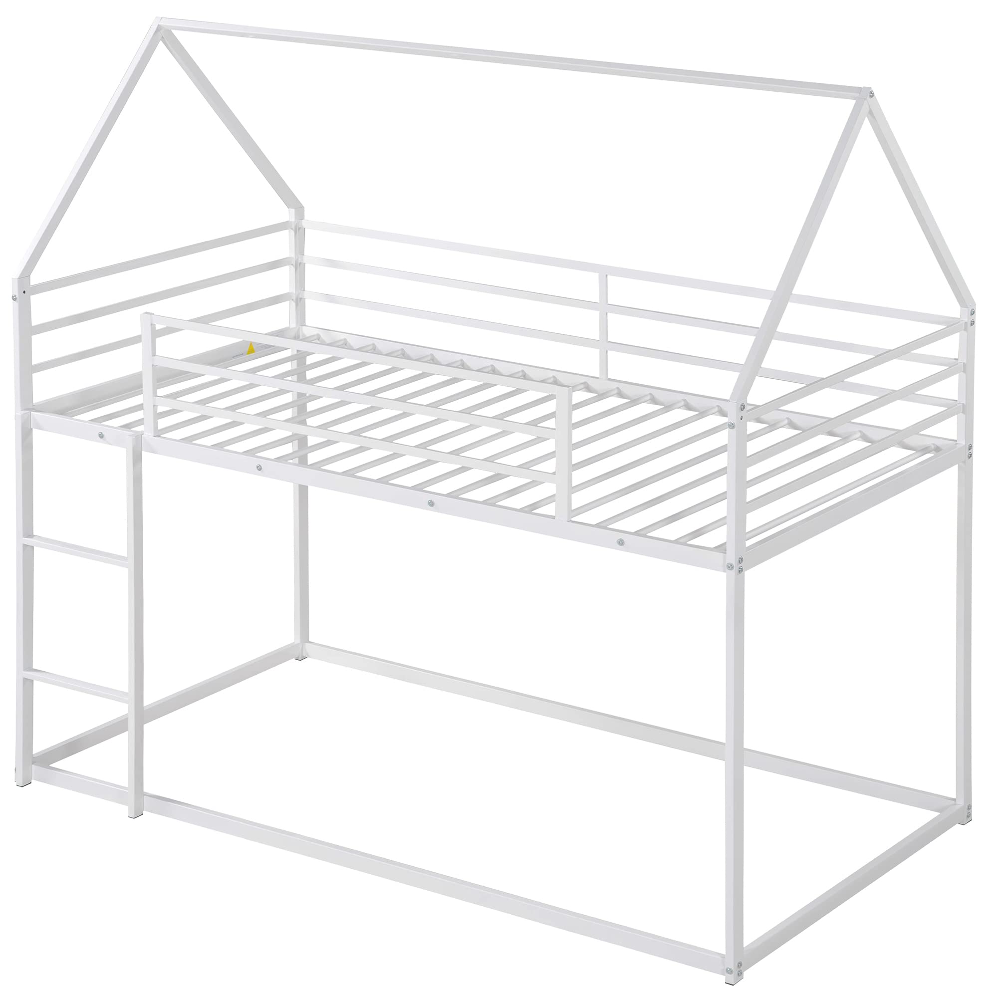 Twin Over Twin Metal Bunk Bed with Built-in Ladder - Sturdy Kids & Toddler Bunk Bed Frame - White House Style with Mosquito Net Option - Perfect for Small Bedrooms, Shared Kids Rooms & Vacation Homes