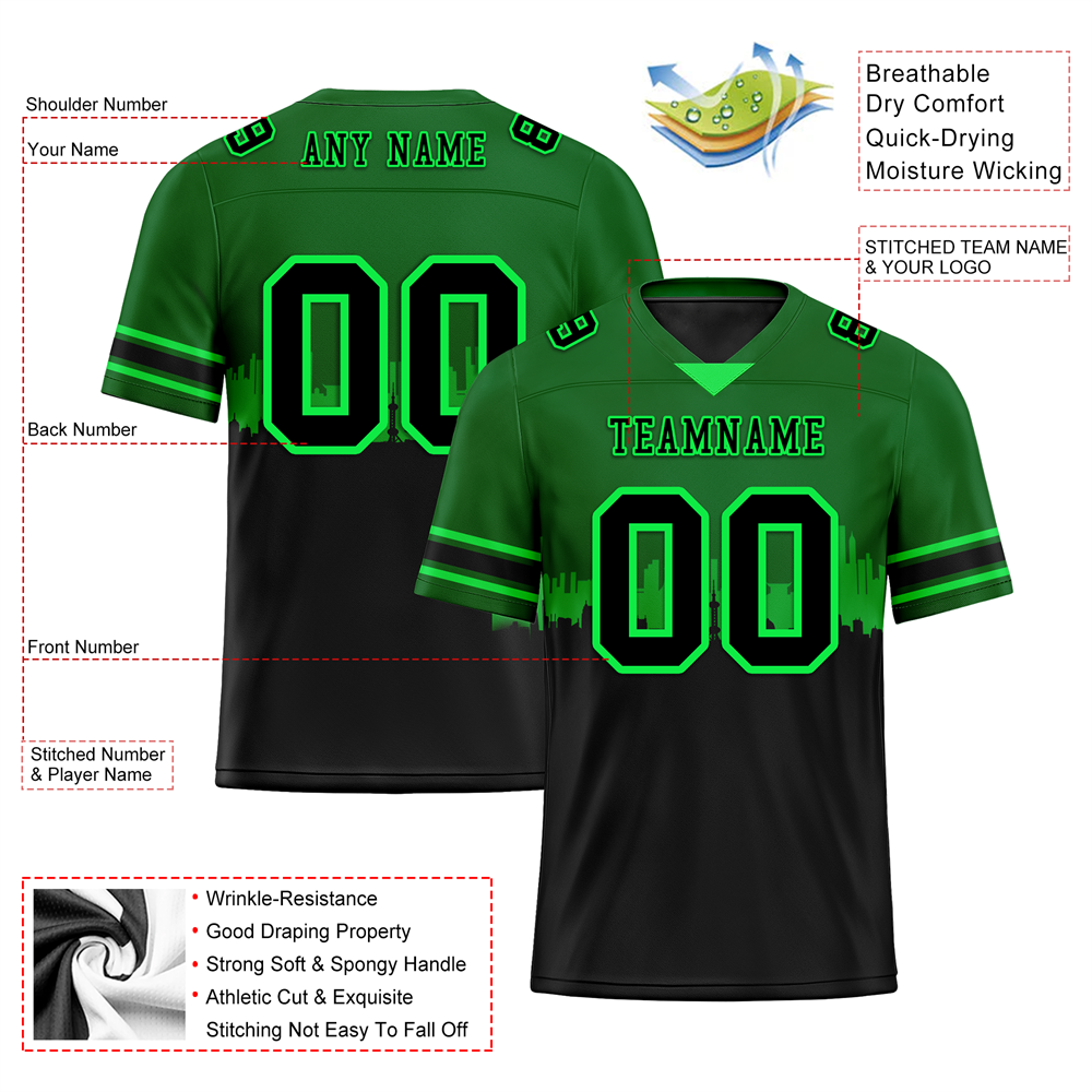 Custom Green & Black Graffiti Football Jersey - Personalized Authentic Soccer Uniform FBJ02 - Perfect for Game Day, Fan Events & Streetwear Fashion