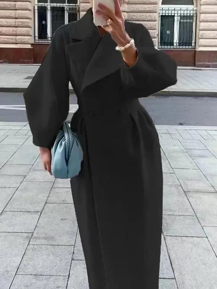 Women's Stylish Lantern Sleeve Overcoat - Elegant Long Trench Coat for Fall & Winter - Perfect for Office, Date Night & Special Occasions