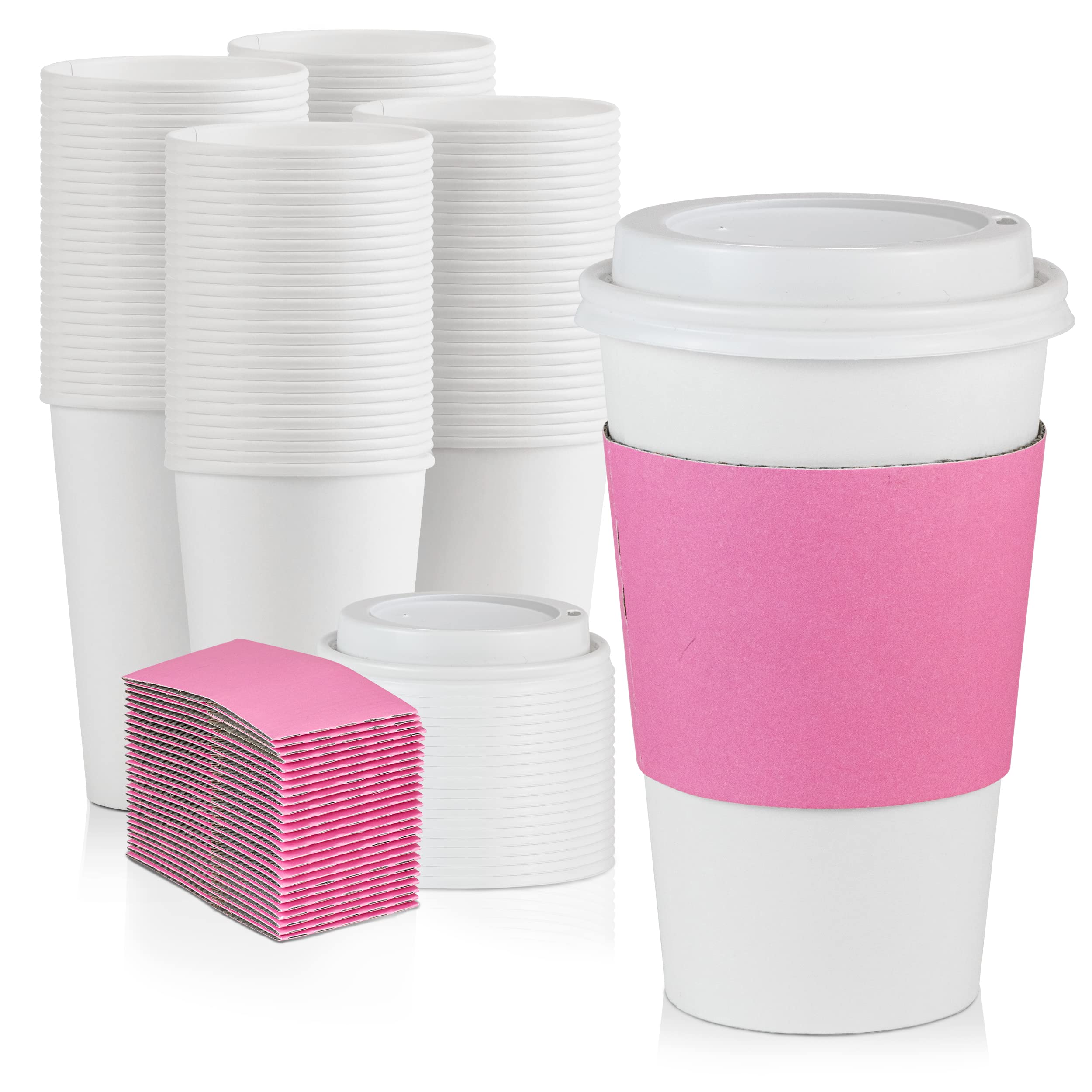 500 Pack 16oz Disposable Coffee Cups with Lids & Pink Sleeves - Lead-Free Sturdy To-Go Hot Paper Cups for Coffee, Tea, Hot Chocolate - Perfect for Parties, Weddings, Birthdays, Office & Cafes (White Lids)