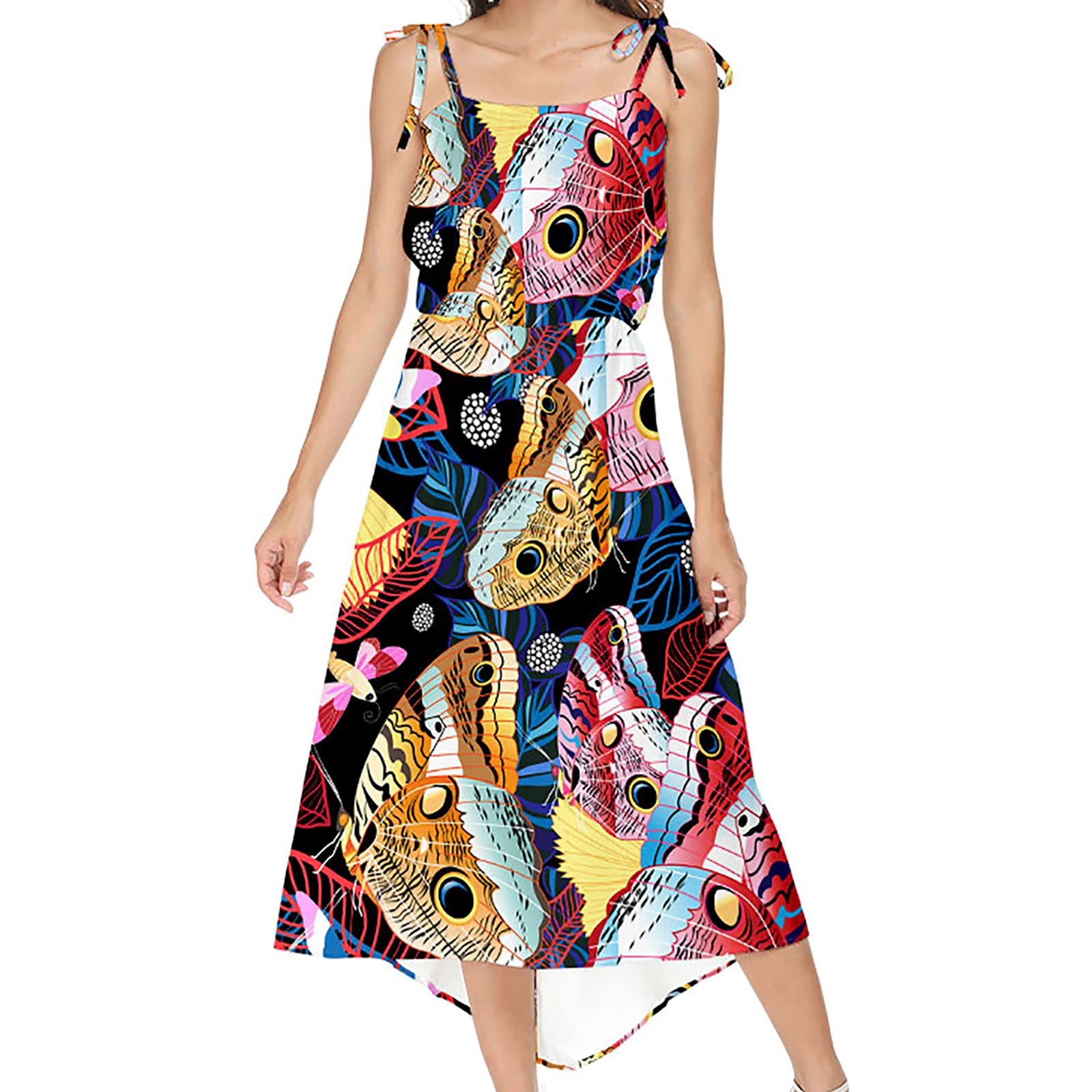 Boho Beach Dress for Women - Floral Butterflies Print, Tie Strap Sleeveless A-Line Swing Maxi Dress | Casual Summer Sundress for Vacation, Pool Party & Beach Getaway