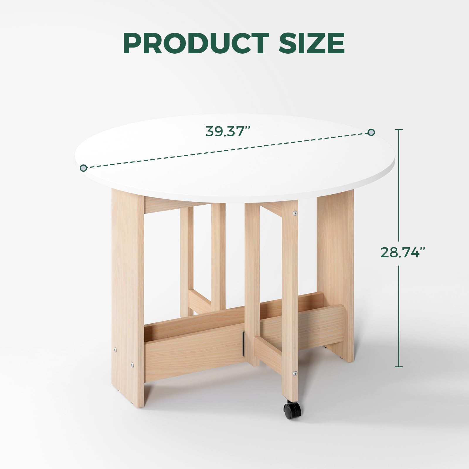 Round Drop-Leaf Folding Dining Table - Space Saving Extendable Convertible Table with Storage Box & Wheels - White Kitchen Farmhouse Living Room Furniture - Perfect for Small Spaces, Apartments & Multi-Purpose Rooms
