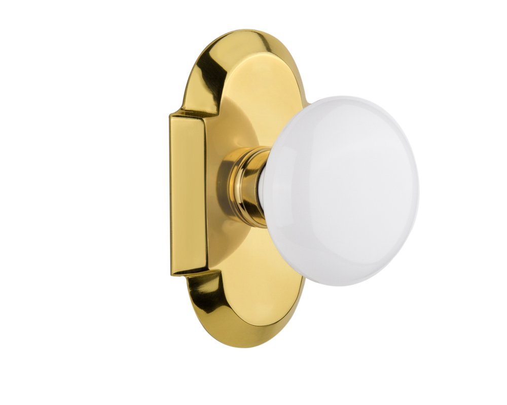 Vintage Cottage Plate with White Porcelain Knob - Single Dummy Door Plate in Polished Brass | Classic Home Decor for Bedroom, Bathroom & Farmhouse Style Doors