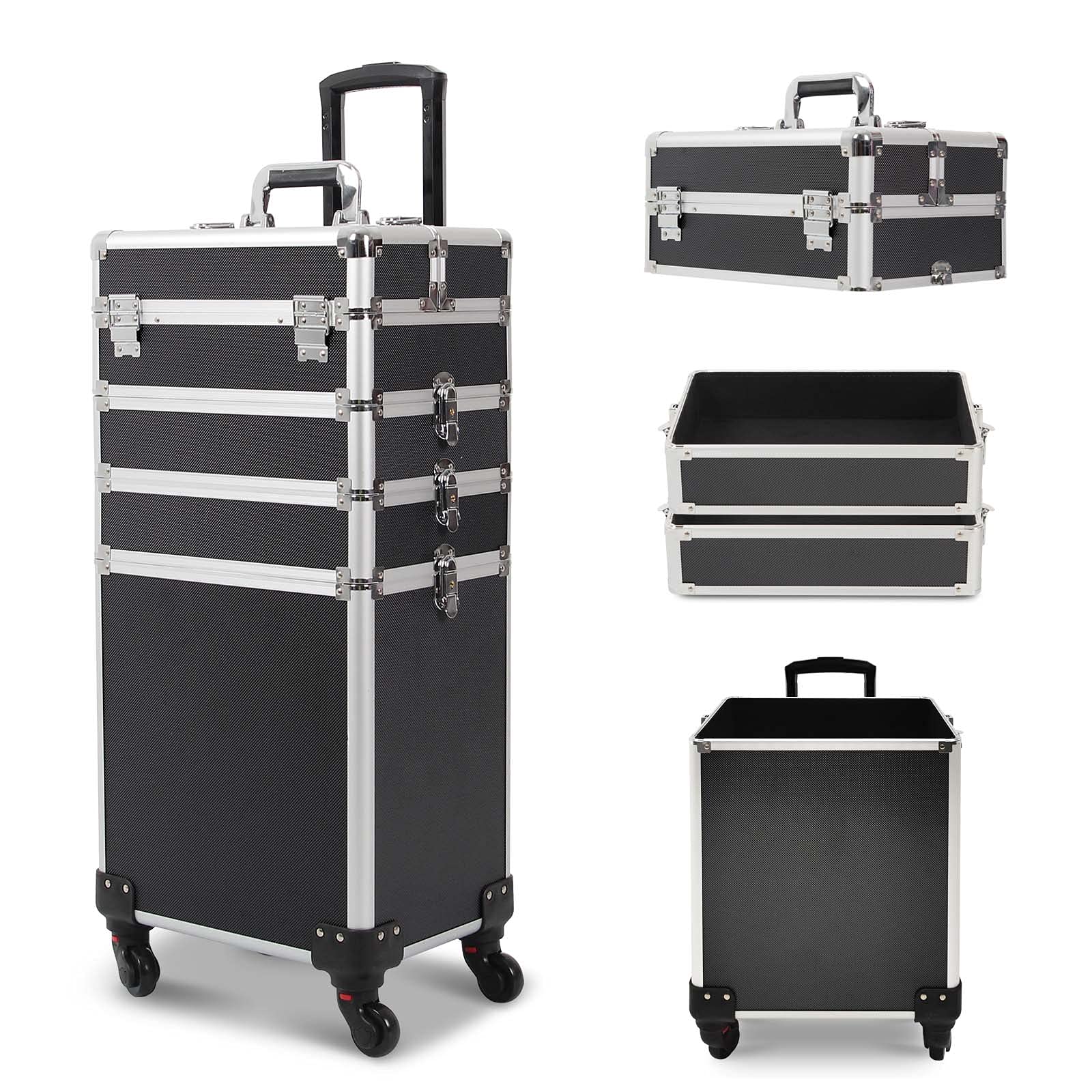 HomVent 4-in-1 Professional Makeup Rolling Train Case - Portable Cosmetic Organizer with 360° Swivel Wheels & Folding Trays, Aluminum Trolley Luggage for Travel & Salon Use (Black) | Perfect for Makeup Artists, Beauty Professionals & On-the-Go Touch Ups