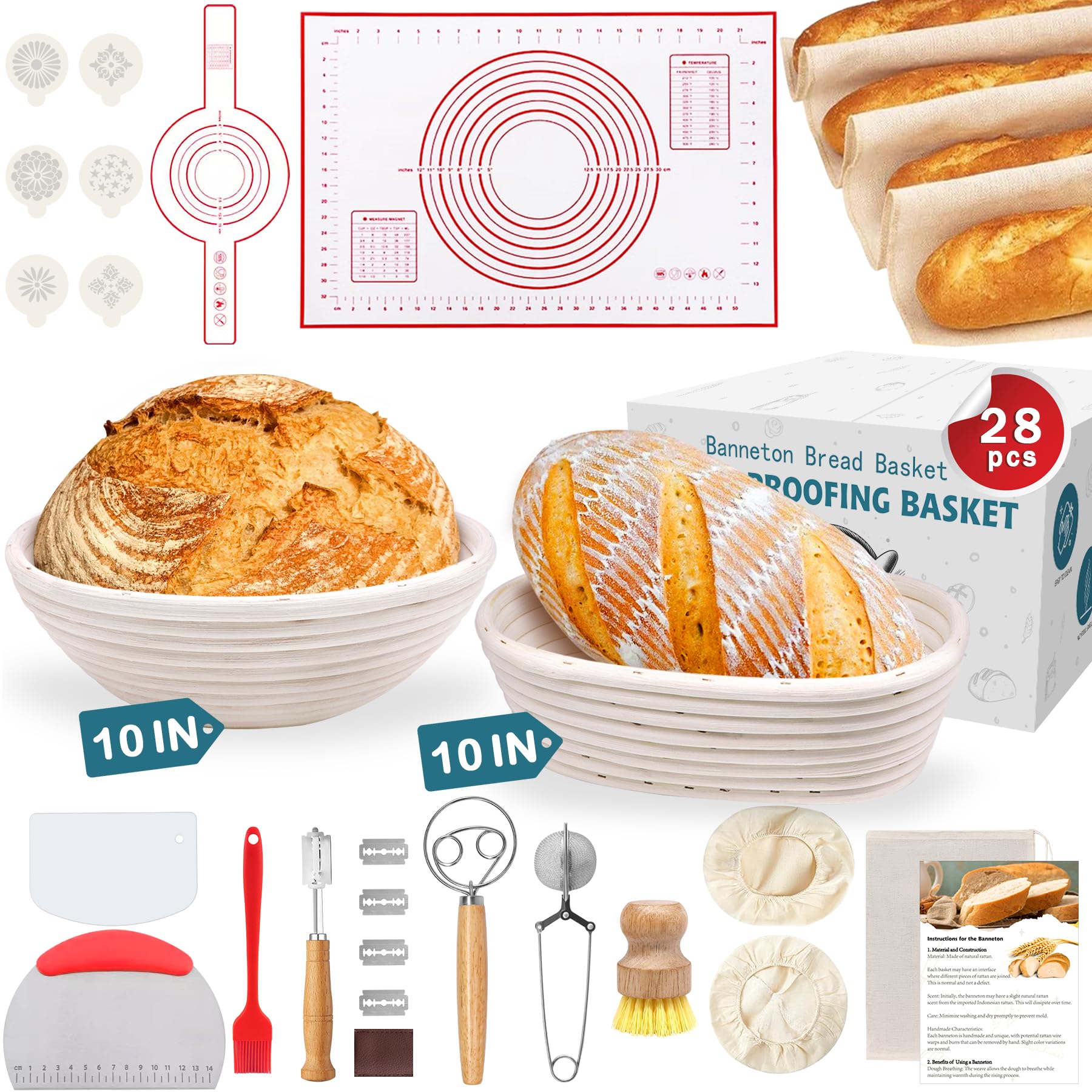 28Pcs Sourdough Bread Baking Kit - 10'' Round & Oval Banneton Proofing Baskets with Liners, Starter Tools for Homemade Artisan Bread | Perfect for Sourdough Rising, Baking, and Professional Bread Making at Home