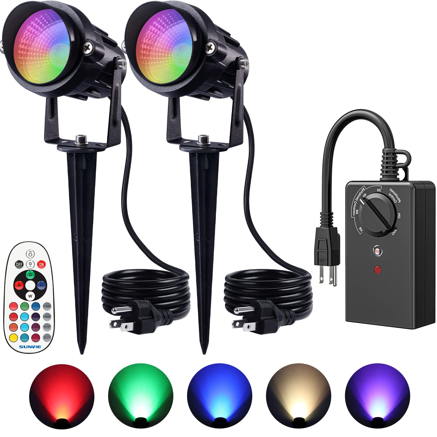 SUNVIE 2 Pack RGB Outdoor LED Spotlight with Remote Control - Color Changing Landscape Lights with Timer Plug, Dusk to Dawn & Countdown Function - Perfect for Yard, Garden Path, Patio, and Pool Area Lighting