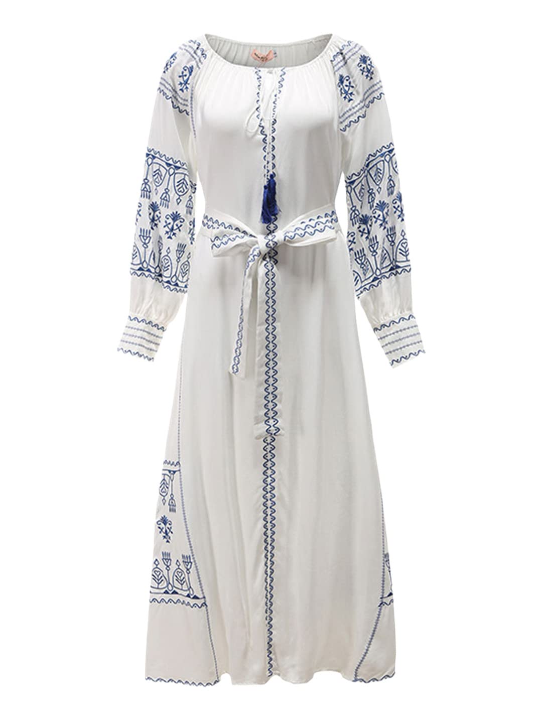 Vintage Bohemian Beach Dress - Floral Embroidery Long Maxi Dress for Women, Summer Vacation & Island Travel, Casual Loose Fit V-Neck Sundress for Beach Parties & Music Festivals