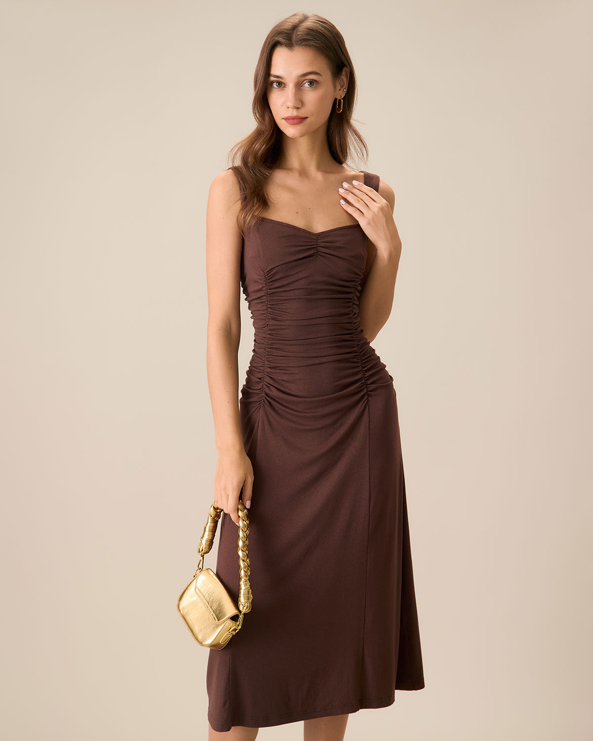 Women's Coffee Color Ruched Knit Slip Midi Dress - Elegant Casual & Party Wear for Date Nights and Office Outfits