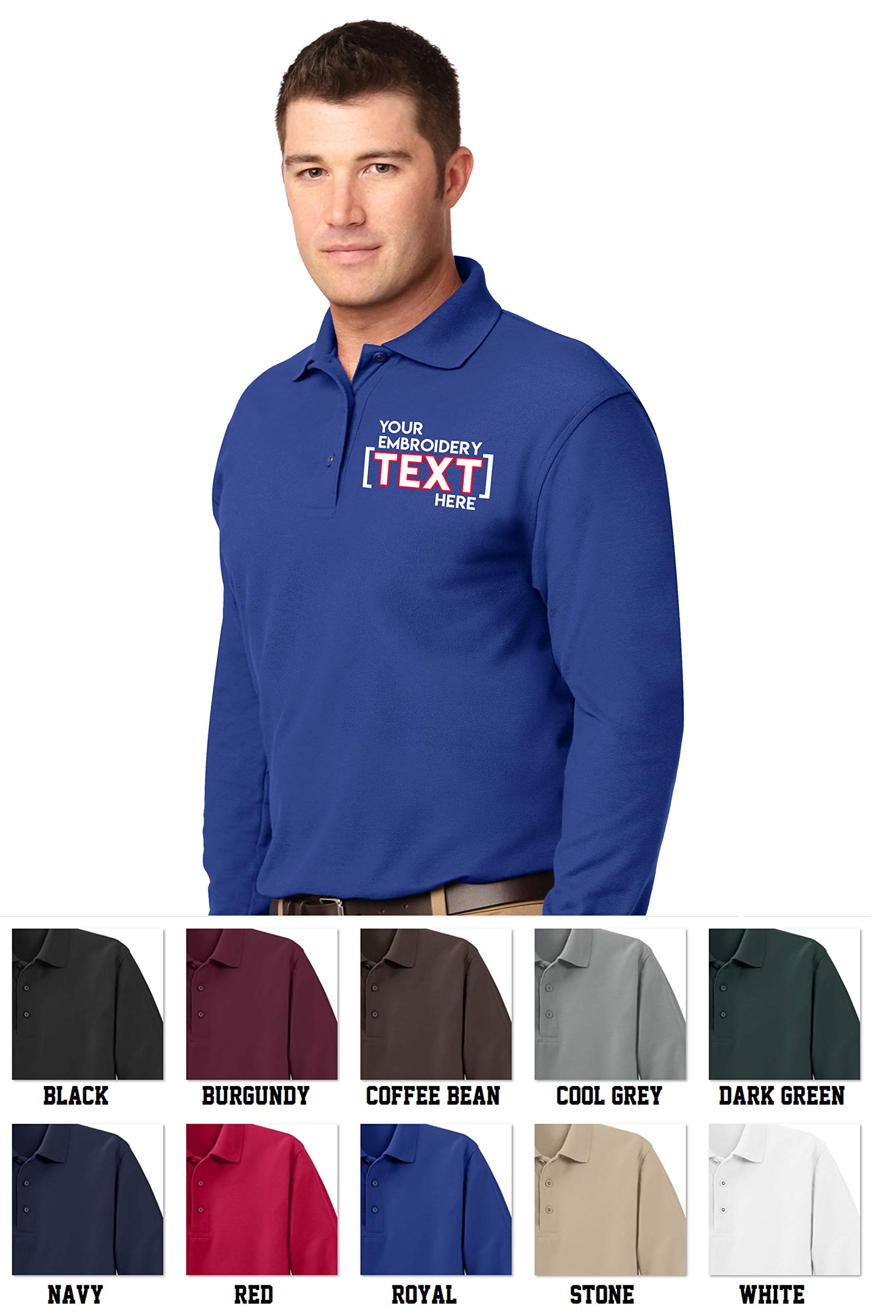 Custom Embroidered Men's Long Sleeve Polo Shirts - Personalized Monogram Business Casual Shirts for Office, Golf & Formal Events | Premium Embroidered Polo Tees for Men
