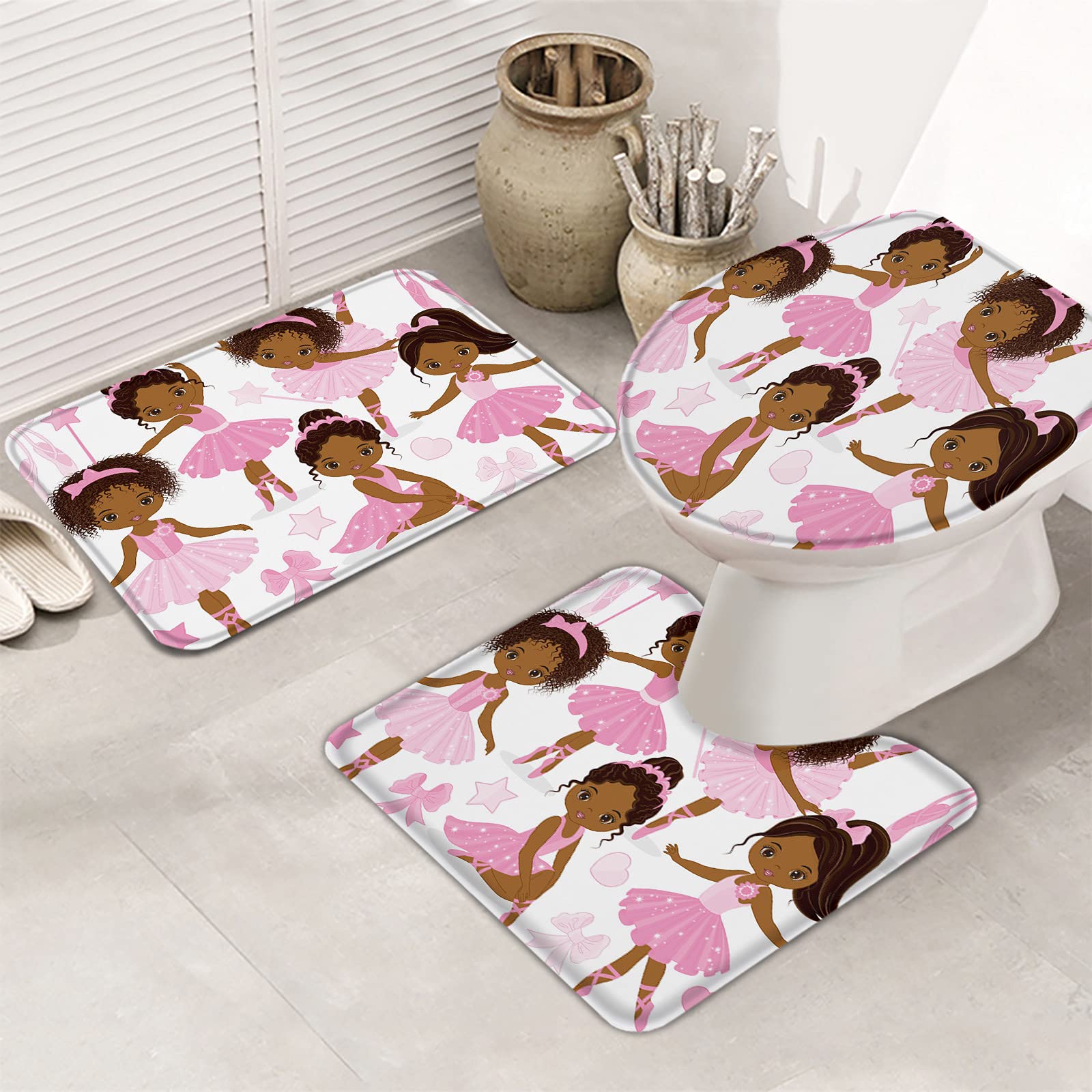 3-Piece Funny Ballerina Dancer Bathroom Rug Set - Non-Slip Toilet Seat Cover, Contour Rug & Pedestal Mat (20