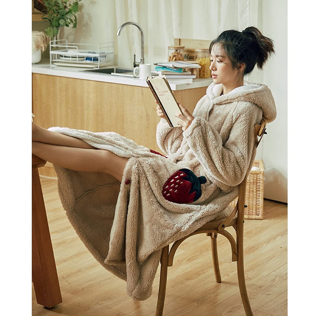 Soft Women's Bathrobe with Hood - Strawberry Coral Velvet Robe for Winter & Autumn | Cozy Homewear, Spa Wear & Lounge Dress for Relaxation