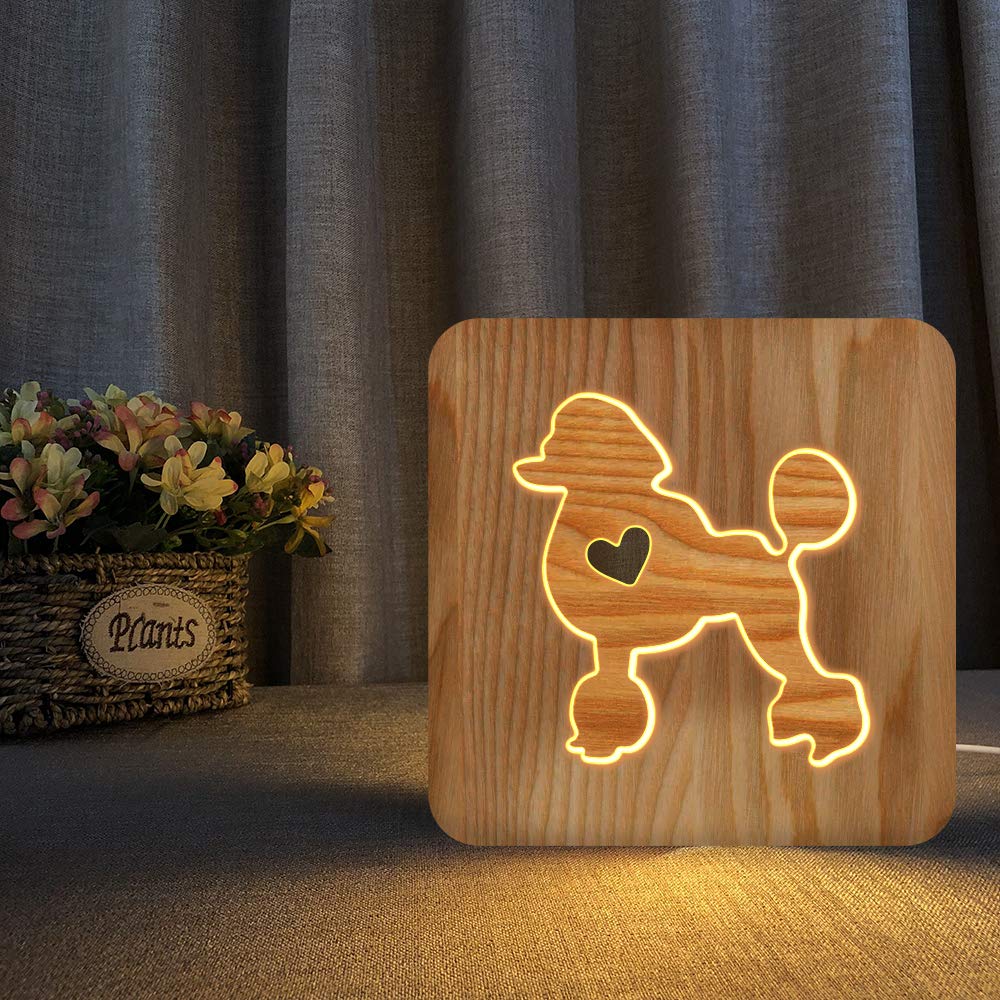 3D Wooden Poodle LED Night Light - Cute Kids Room Decor, Creative Table Lamp for Bedroom, Nursery & Living Room - Perfect Gift for Dog Lovers & Children (Home Decor, Birthday Present)