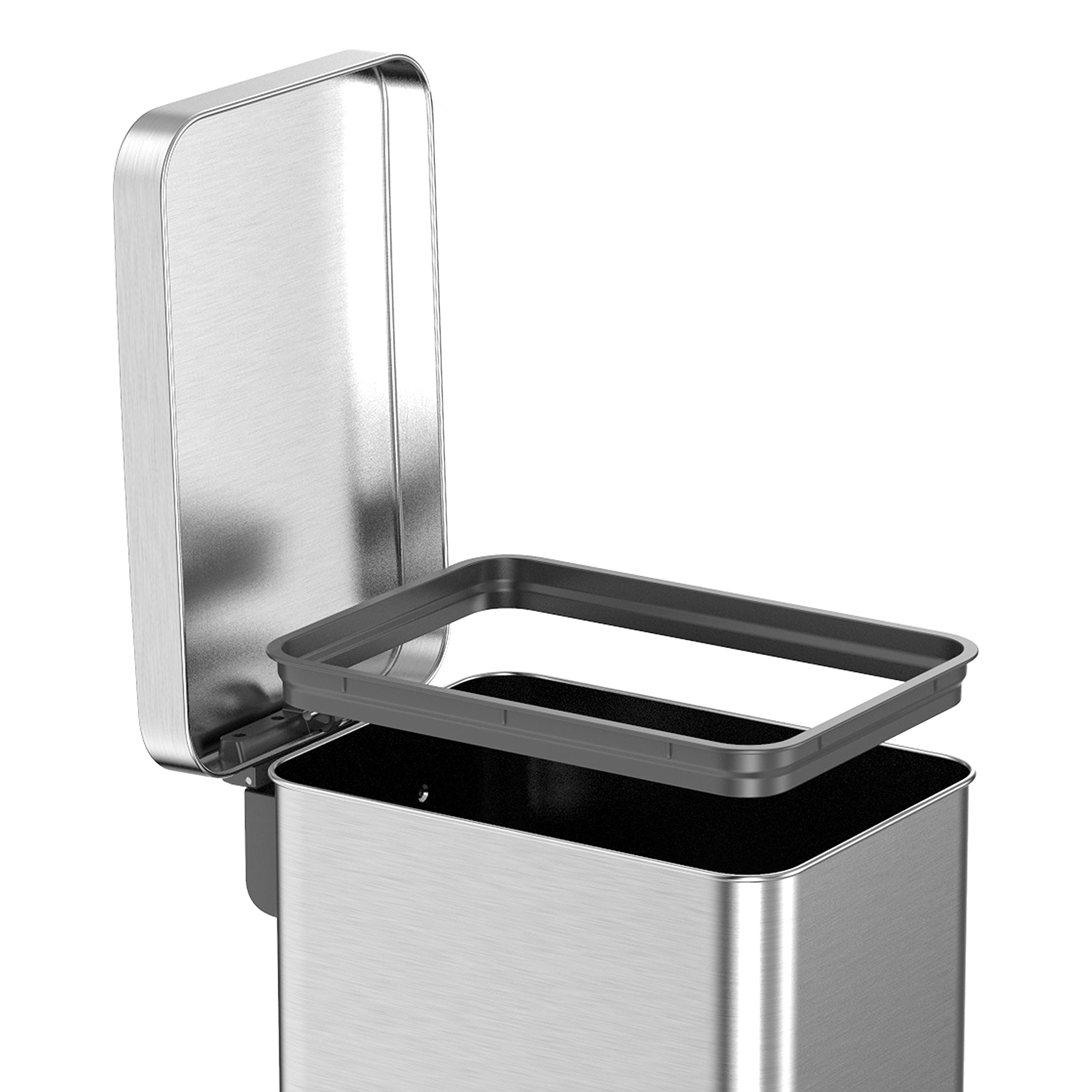 QUALIAZERO 50L/13Gal Heavy Duty Stainless Steel Step Trash Can - Commercial Kitchen Garbage Bin with Soft Close Lid, Fingerprint Resistant, Slim Design (QAMZZ10044) - Perfect for Restaurants, Offices, and Modern Home Kitchens