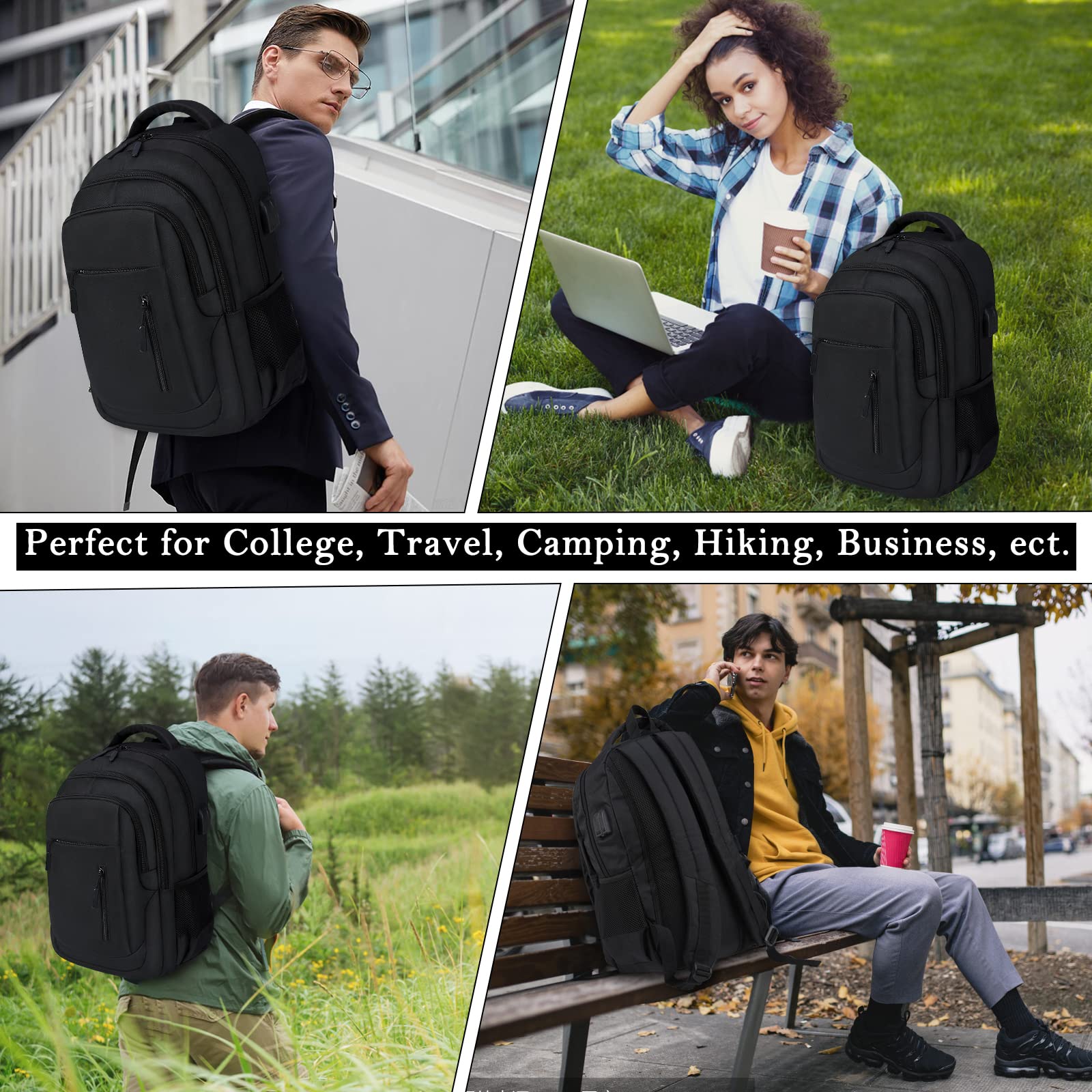 17.3 Inch Laptop Backpack with USB Charging Port - Waterproof Large Travel Backpack for Men & Women - Business, School & College Backpack - Perfect for Work, Commuting & Airplane Carry-On - Dark Black