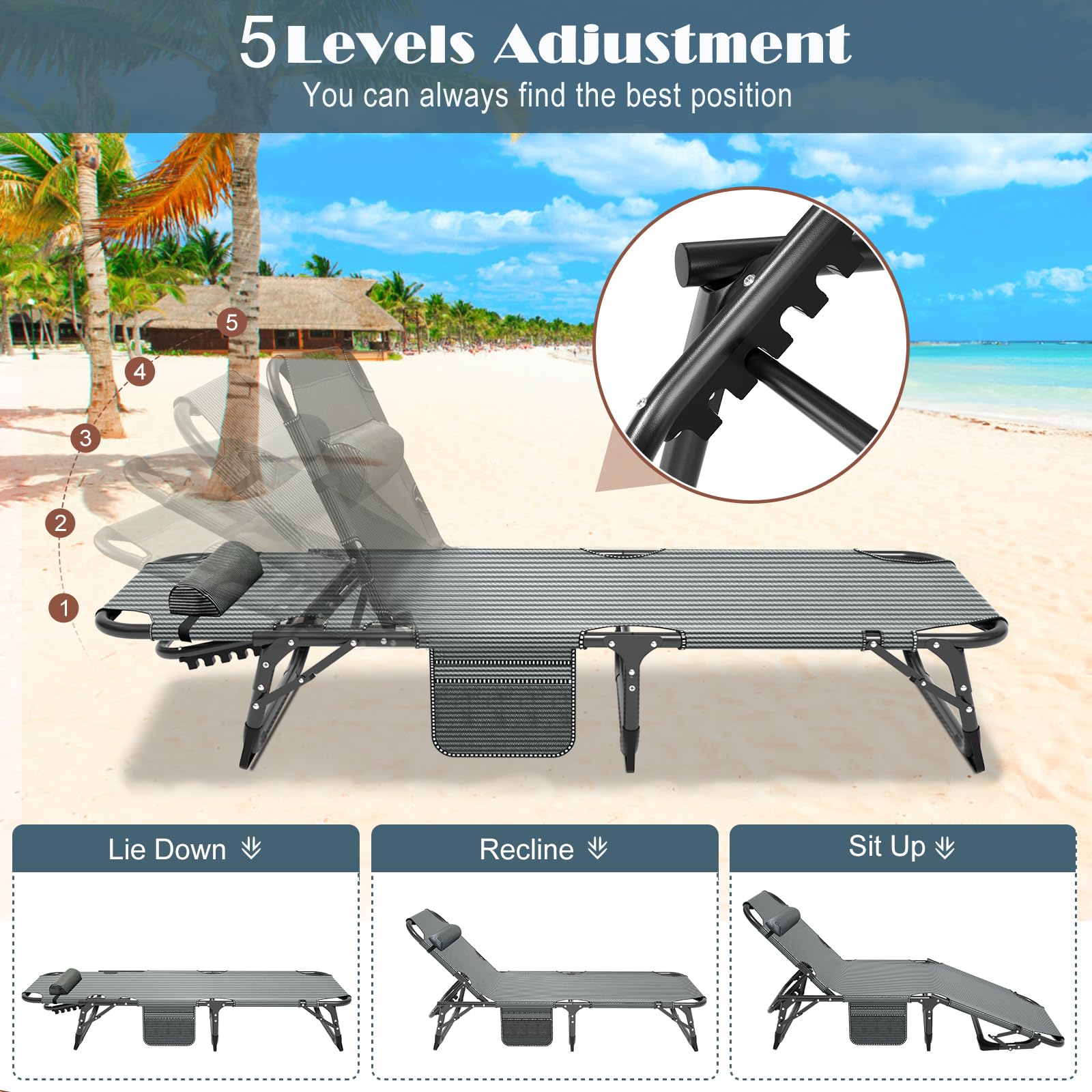 5-Position Reclining Folding Chaise Lounge Chair for Outdoor - Portable Patio Sunbathing Chair for Pool, Beach, Camping & Lawn - Perfect for Adults Tanning, Relaxing & Sleeping