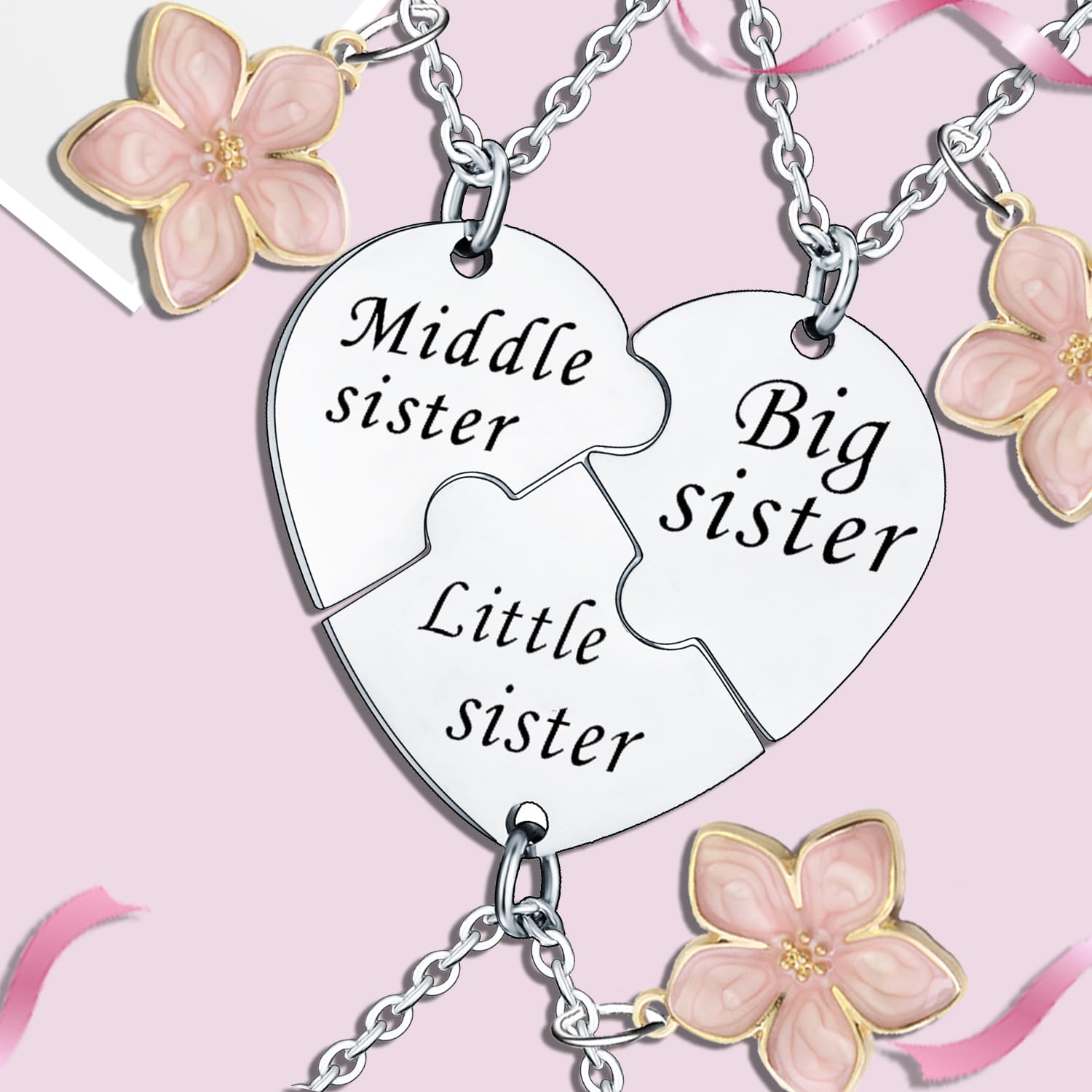 YEEQIN Sister Matching Necklaces - Big, Middle & Little Sister Gift Set for Birthdays, Anniversaries & Family Bonding | Heart Pendant Jewelry for Siblings