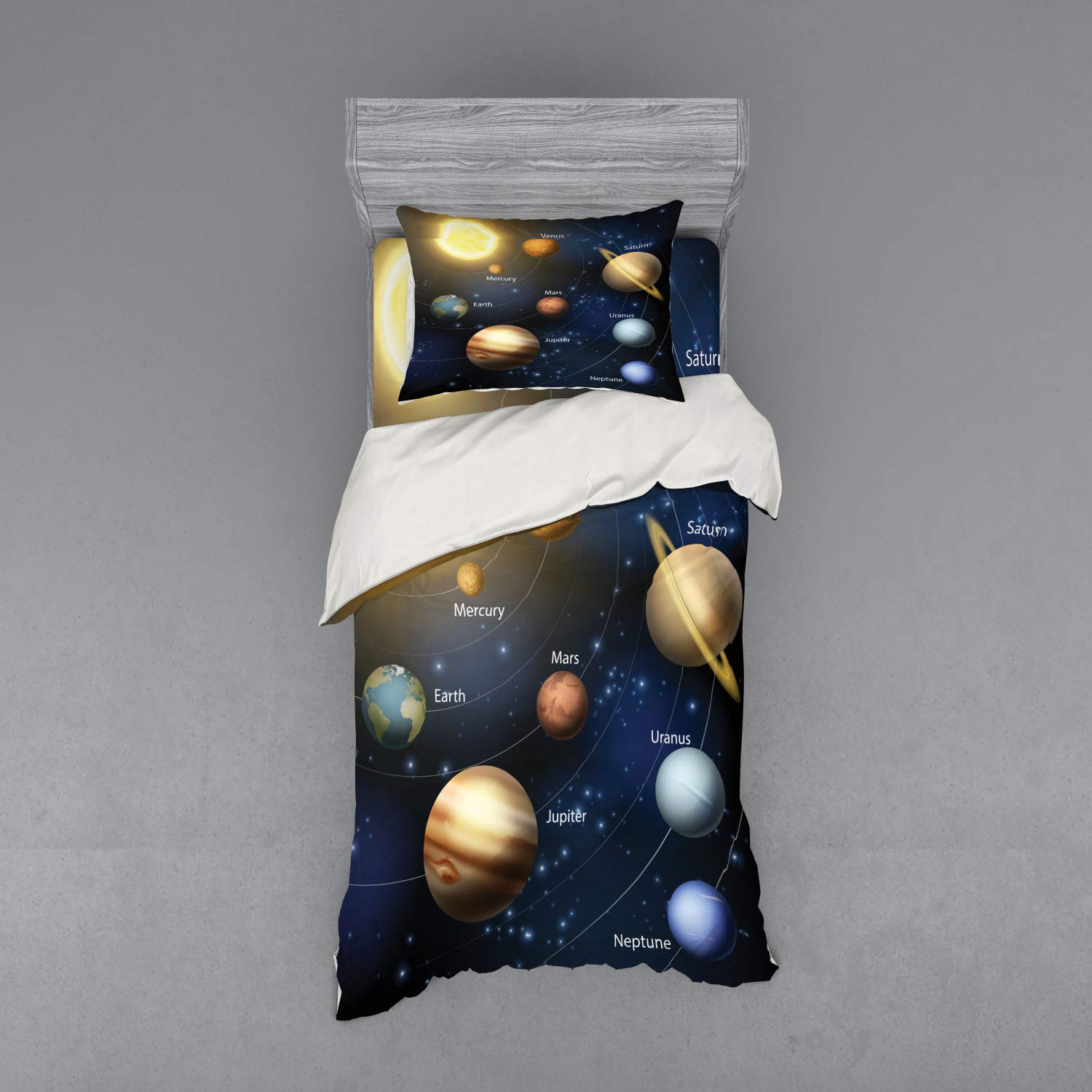 Ambesonne Solar System Duvet Cover Set - Twin Size 3-Piece Bedding with Sham & Fitted Sheet - Realistic Astronomy Space Design Featuring Sun & Planets - Perfect for Kids' Rooms, Science Lovers & Space-Themed Decor