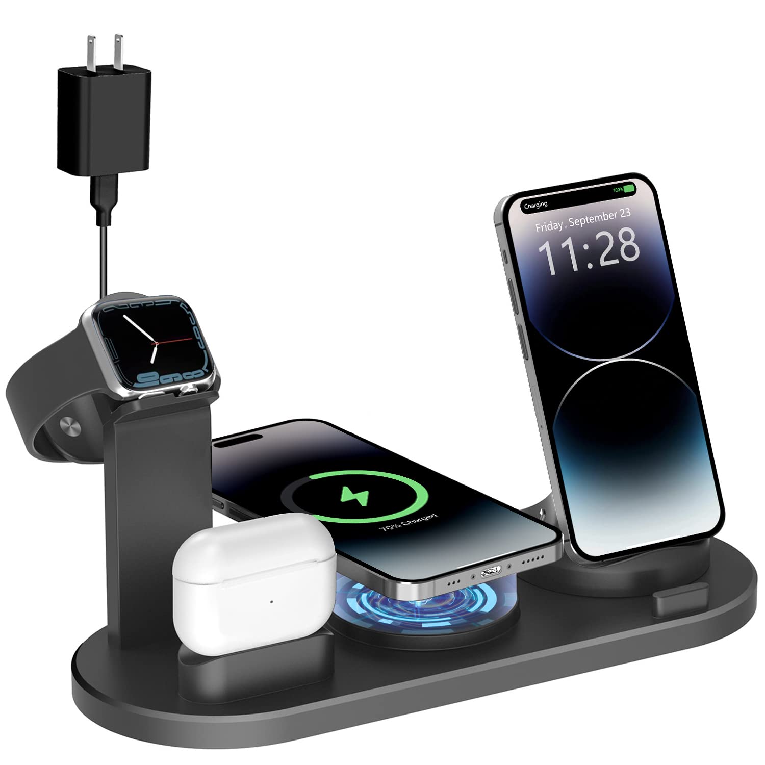 4-in-1 Wireless Charging Station for iPhone 14/13/12/Pro Max/AirPods Pro & Apple Watch 8/7/SE - Fast Magnetic Charger Dock (Black) | Perfect for Bedside, Office & Travel Charging