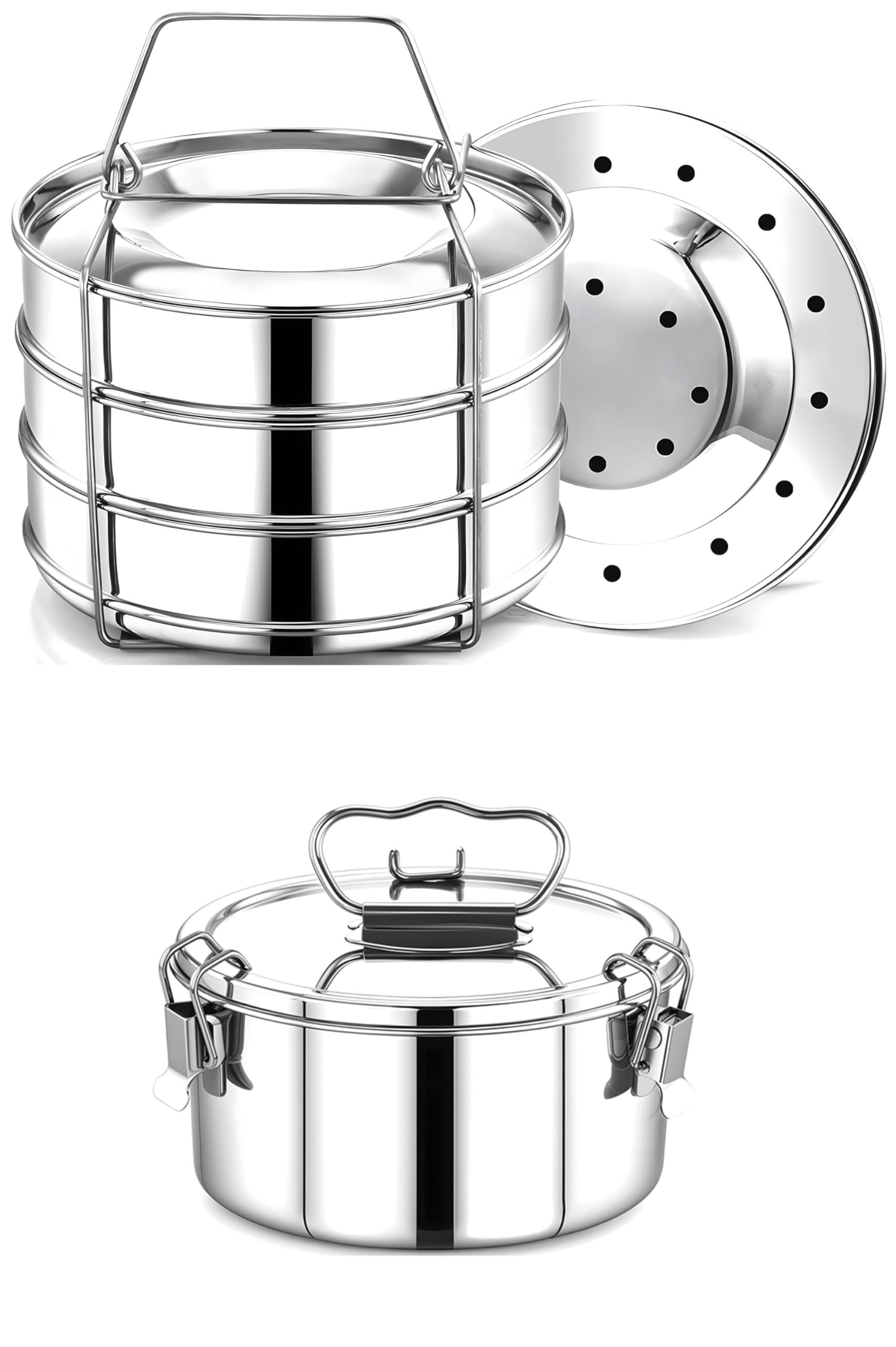 Stainless Steel 3-Tier Stackable Steamer Insert Pans for Instant Pot - 6 Qt & 3 Qt Compatible, 6 x 6 x 3.5 Inches - Perfect for Steaming Vegetables, Dumplings, Eggs & Meal Prep in Pressure Cooker