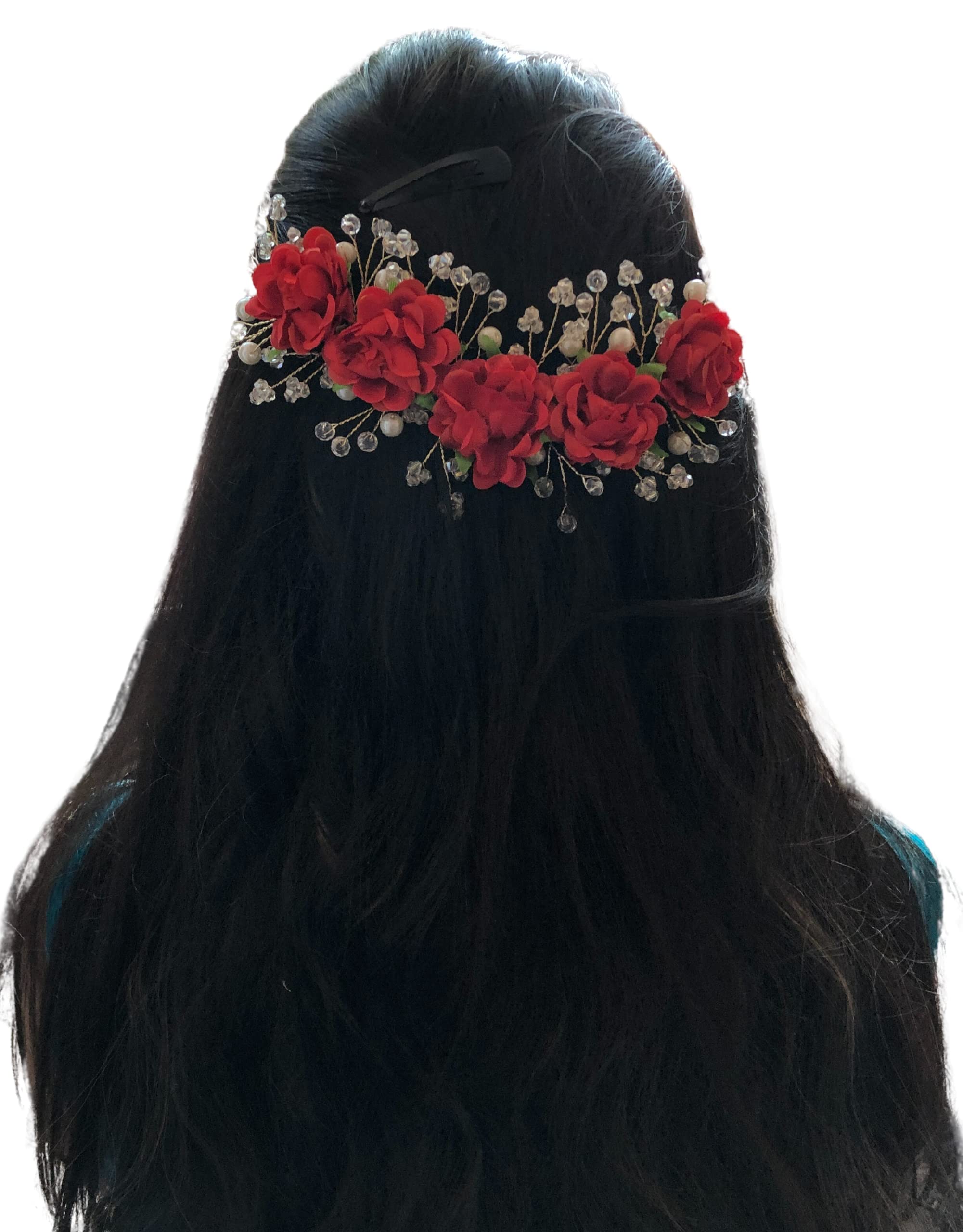 Samyak Handmade Artificial Flower Hair Vine Bun Hair Accessories - Red Bridal Hair Jewelry for Weddings, Bridesmaids, Prom & Special Occasions
