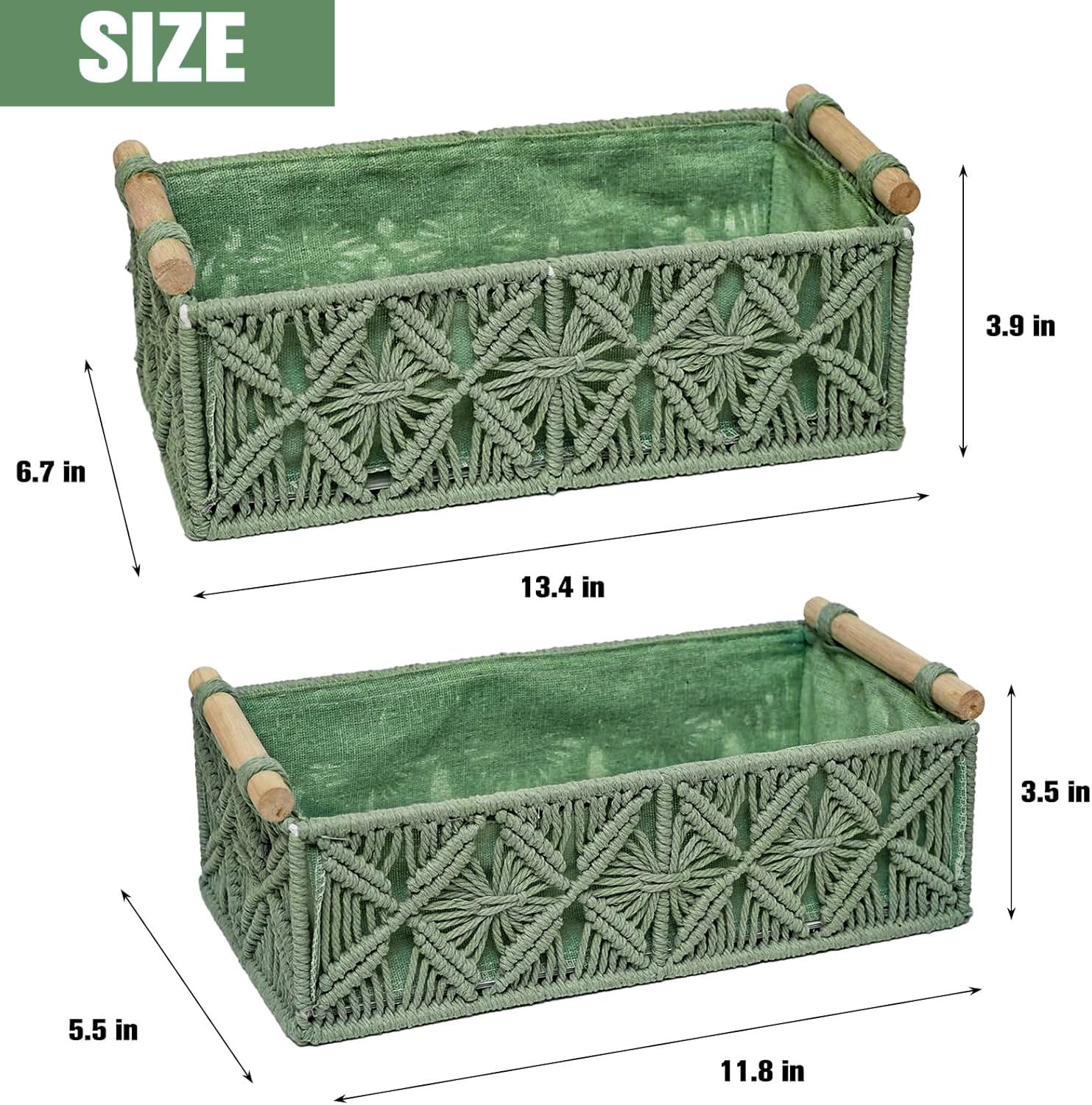Macrame Boho Decor Baskets - Set of 2 Green Woven Storage Baskets for Home Organization | Perfect for Countertop, Toilet Paper, Tank Top Storage in Bedroom, Nursery, Living Room & Entryway Decor