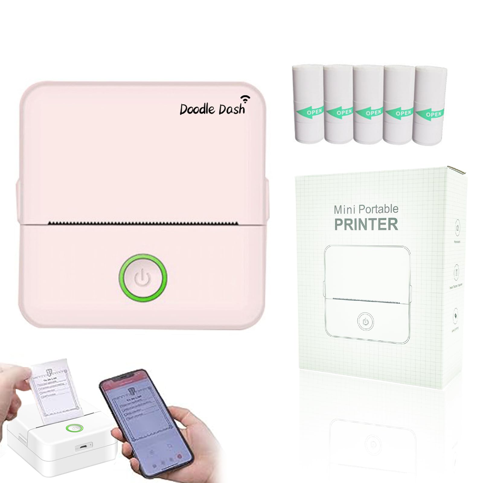 Doodle Dash Mini Bluetooth Sticker Printer - Wireless Inkless Pocket Printer for Phone & Tablet, Includes 5 Self-Adhesive Rolls - Perfect for Photos, Study Notes, Journaling & DIY Crafts (Pink)