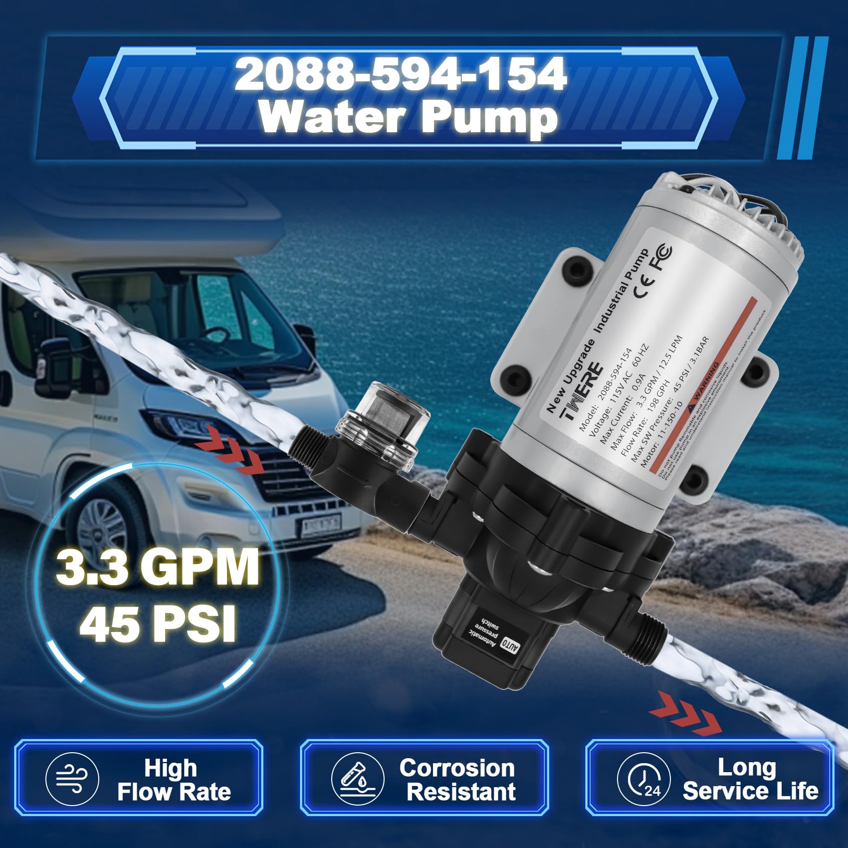 2088-594-154 Industrial Water Pump 198GPH, 115V AC, 1/2in, 45PSI 3.3GPM Portable Electric Utility Pump for Beverage, Water Transfer, Irrigation & Industrial Applications - Perfect for Home, Farm, and Commercial Use