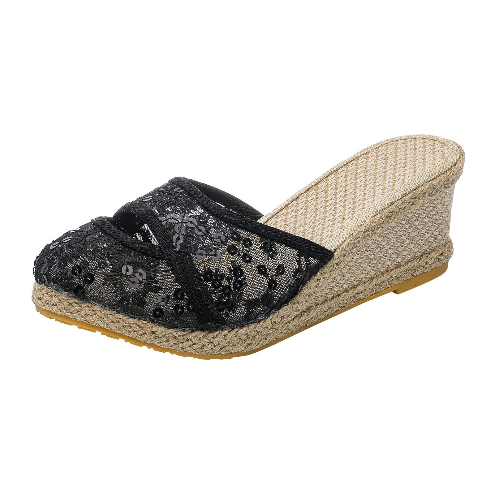 Non-Slip Platform Wedge Slippers for Women - Sparkly Sequin Mesh House Shoes with Breathable Design | Perfect for Indoor Lounging, Spa Days & Cozy Home Wear