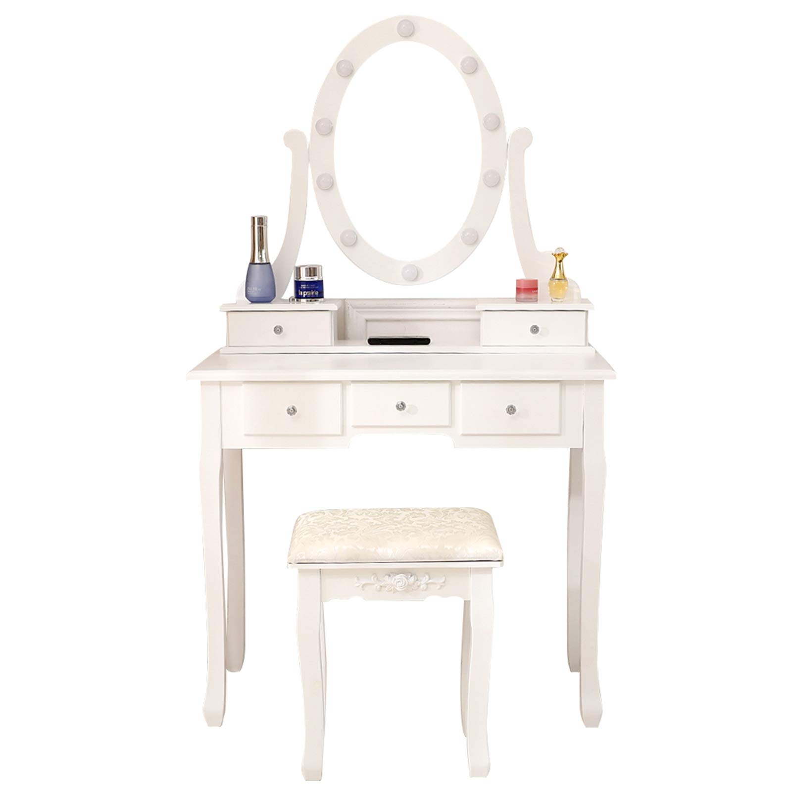 White 5-Drawer Dressing Table with Lighted Mirror for Makeup & Vanity - Perfect for Beauty Salon, Bedroom & Home Decor