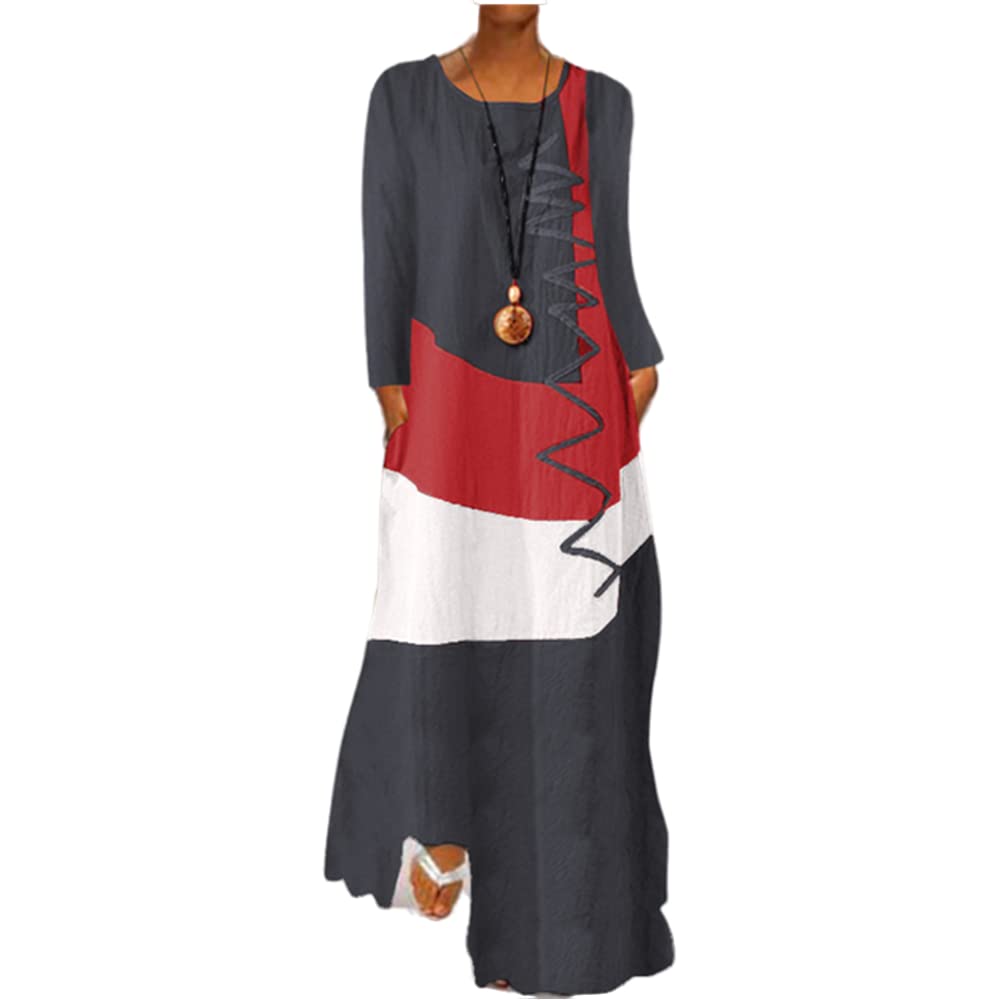 Useagrey Women's Plus Size Casual Maxi Dress with Long Sleeves & Pockets - Flowy Loose Fit Printed Long Dress for Everyday Wear, Beach, Vacation & Special Occasions