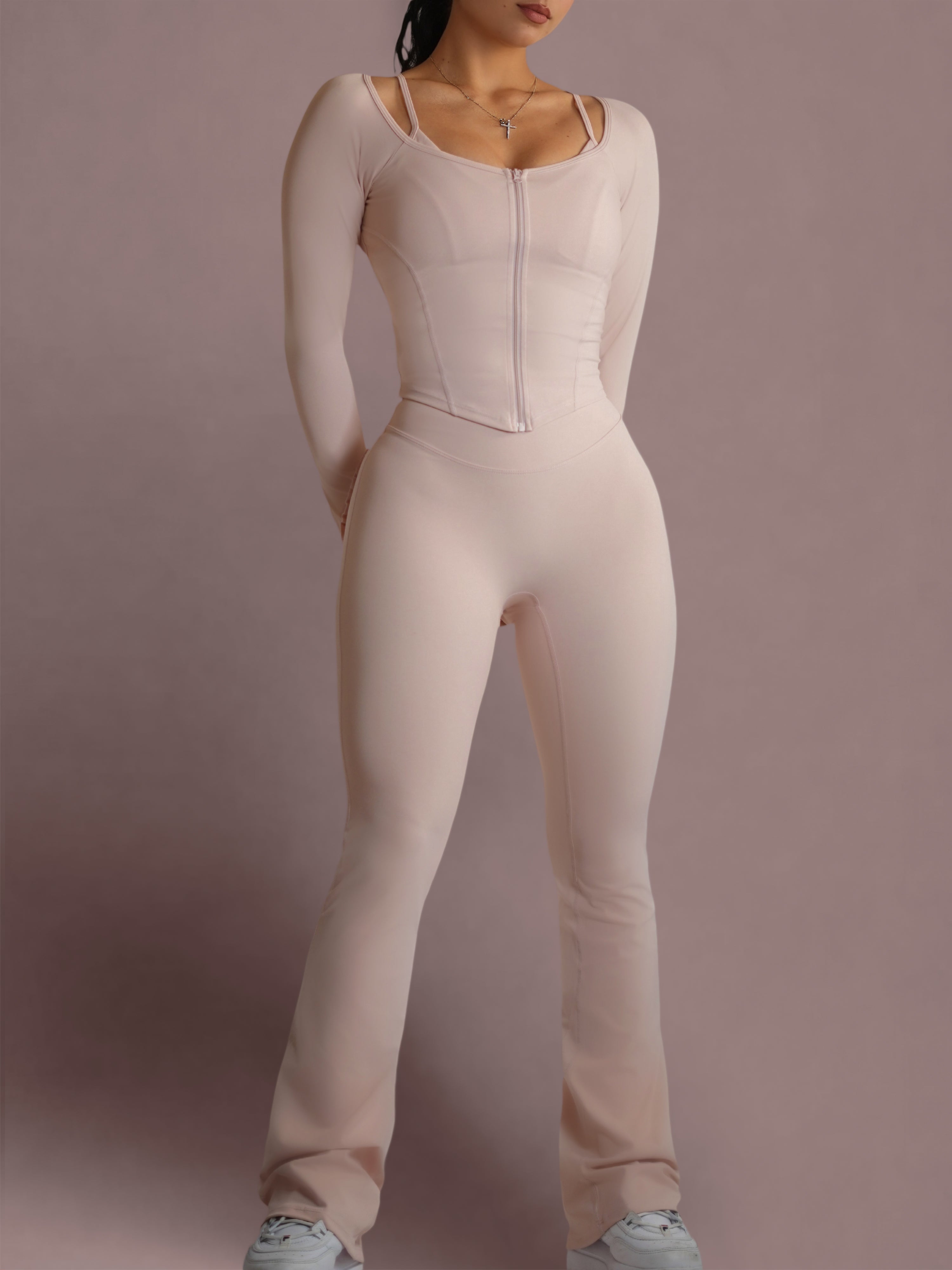 Bratty High Waisted Flare Leggings for Women - Soft Stretchy Yoga Pants in Creamy Pink | Perfect for Workouts, Yoga & Casual Wear