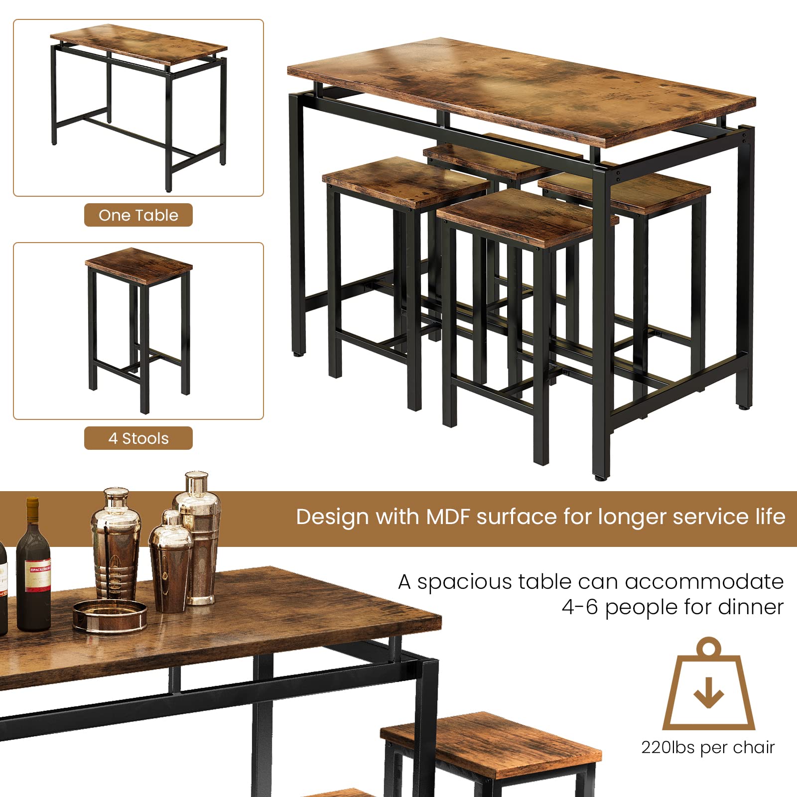DKLGG 4-Piece Modern Dining Table Set with Wooden Top & Adjustable Metal Legs - Compact Kitchen Table and Chairs for Small Spaces | Perfect for Apartments, Breakfast Nooks & Cozy Dining Areas