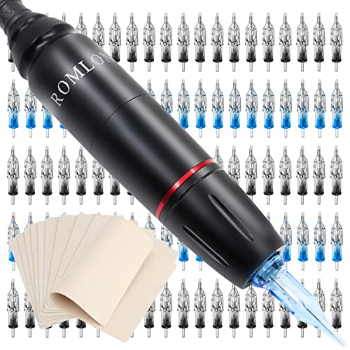 Romlon Professional Rotary Tattoo Pen Kit with 100 Cartridge Needles & 10 Practice Skins - Tattoo Machine for Beginners & Artists, Permanent Makeup, Body Art Supplies (Home Studio & Professional Use)