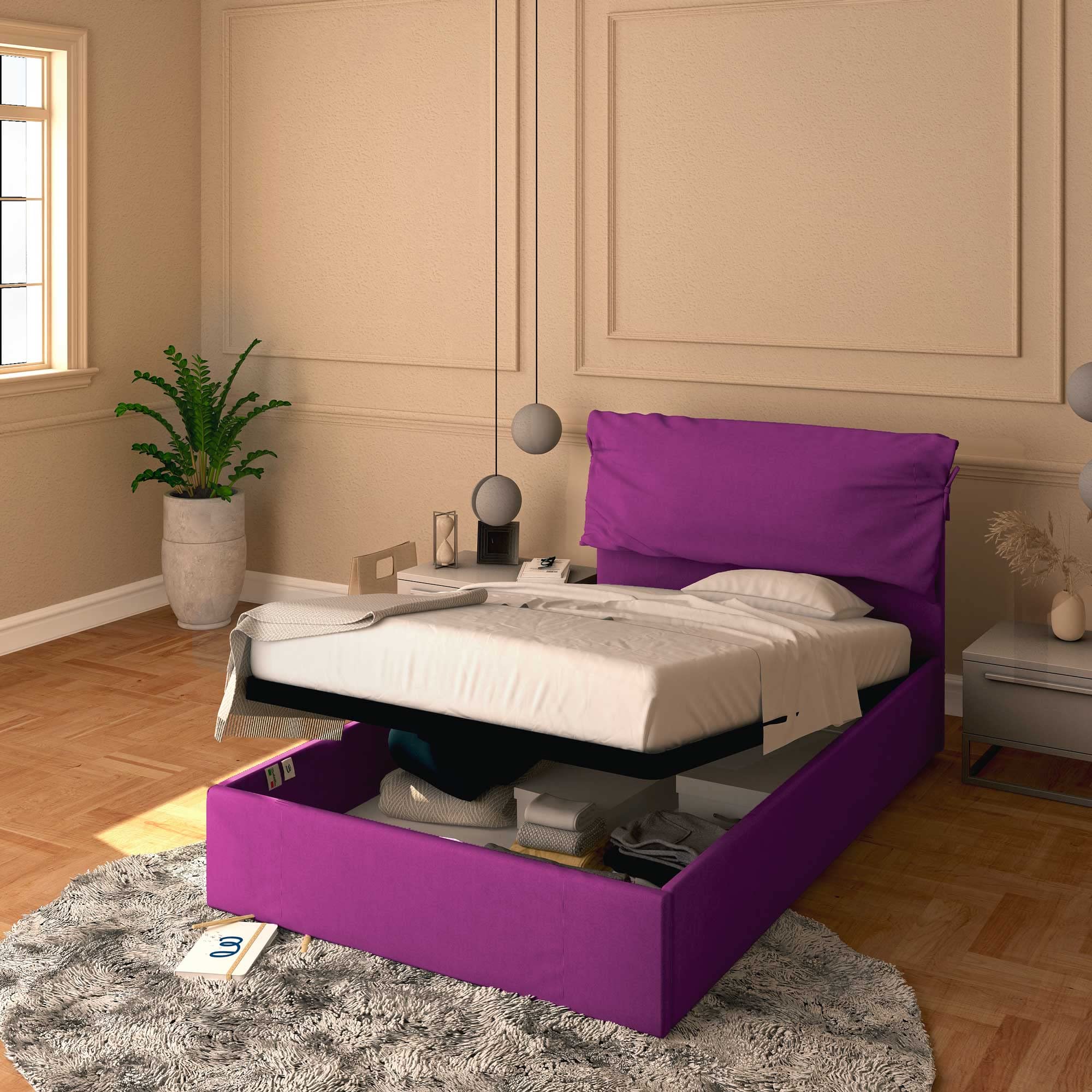 Baldiflex Licia Soft - Twin Size Bed Frame with Storage, Fabric Upholstery, Slatted Base for 120 x 190 cm Mattress, Padded Headboard in Fuchsia - Perfect for Small Bedrooms, Guest Rooms & Dormitories