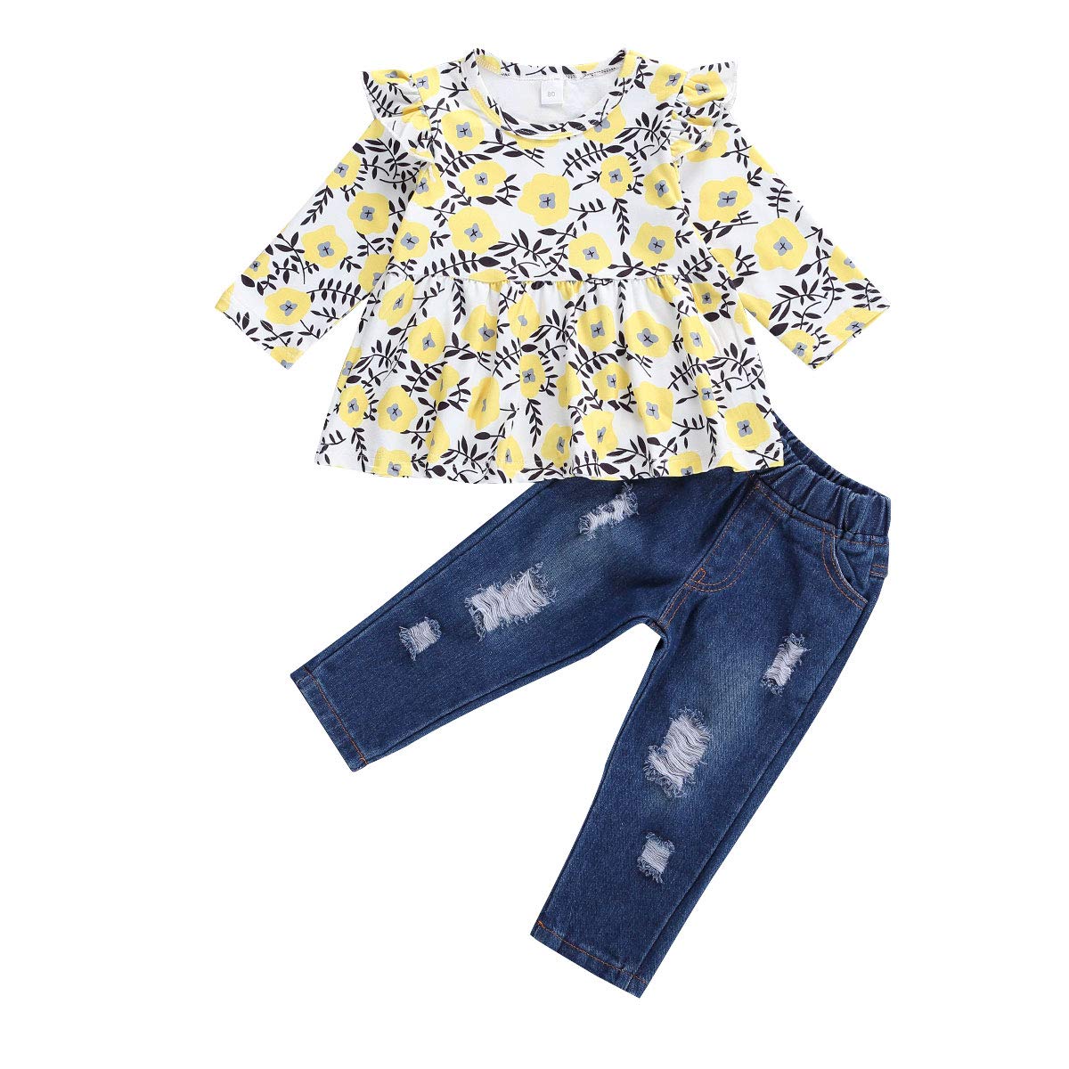 Floral Long Sleeve Shirt & Denim Jeans Outfit for Toddler Girls - Casual Spring Fall Winter Clothes Set - Perfect for Playdates, School & Family Photos
