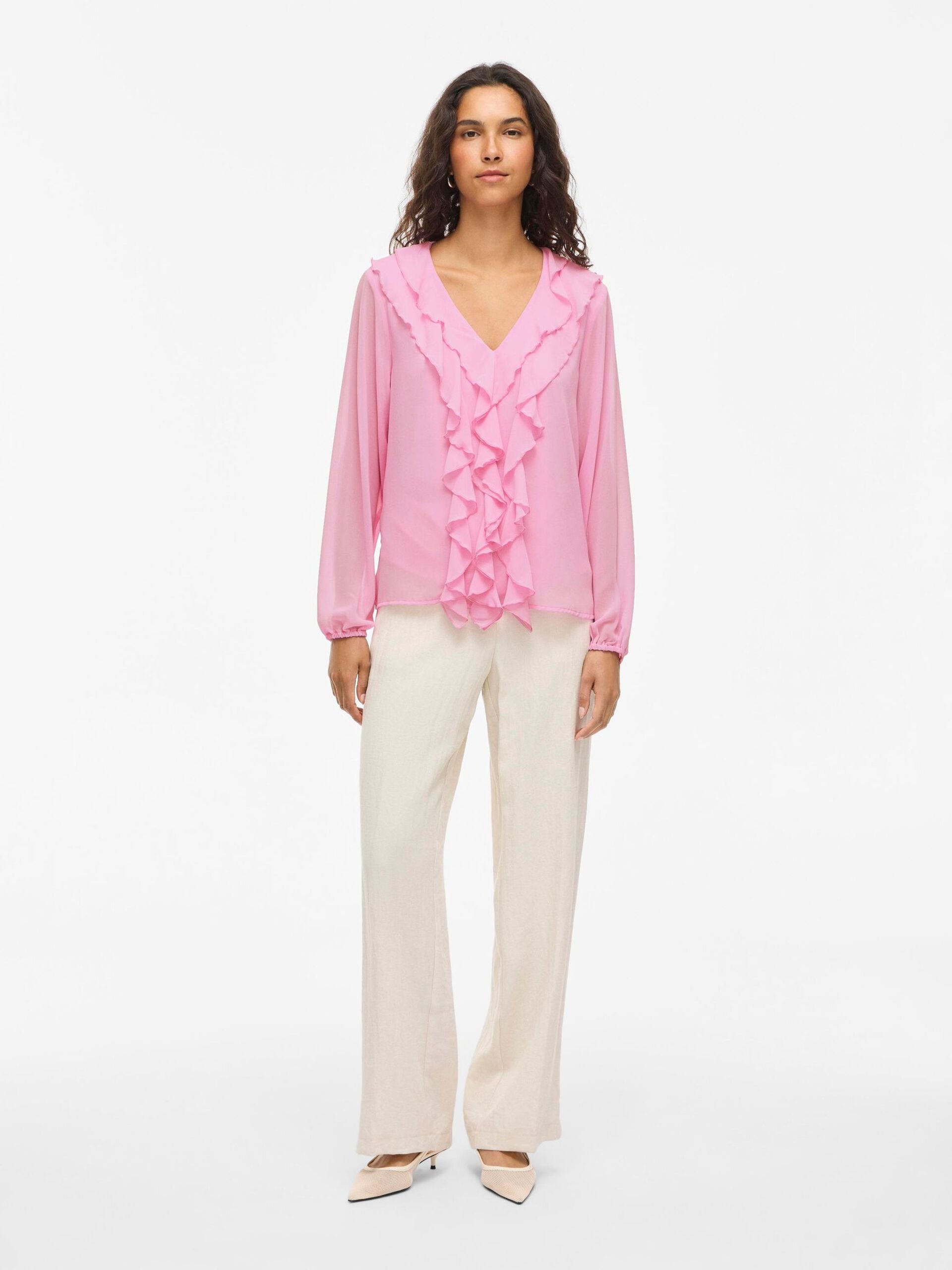 Diane Frill V Neck Top Women's Blouse - Elegant Bonbon Pink Floral Print Summer Tunic for Casual Wear, Office & Date Night Outfits
