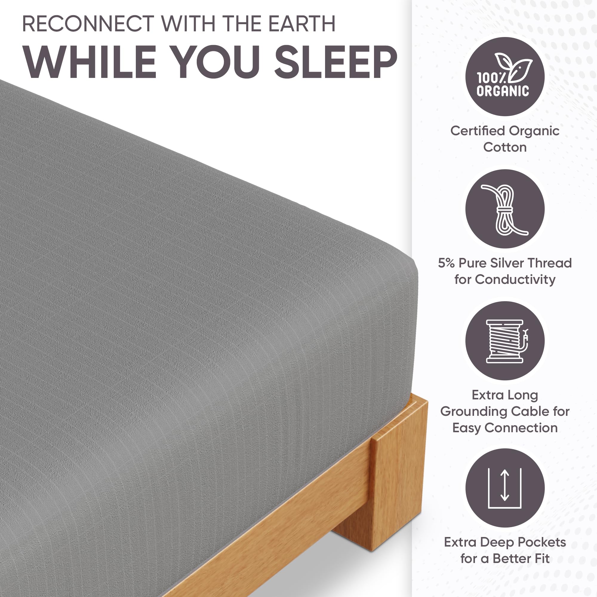 Organic Cotton Grounding Sheets for Earthing - King Size Deep Pocket Fitted Sheet with 15ft Conductive Cord & Outlet Checker | Natural Sleep Aid, EMF Protection | Perfect for Better Sleep, Stress Relief & Body Recharge