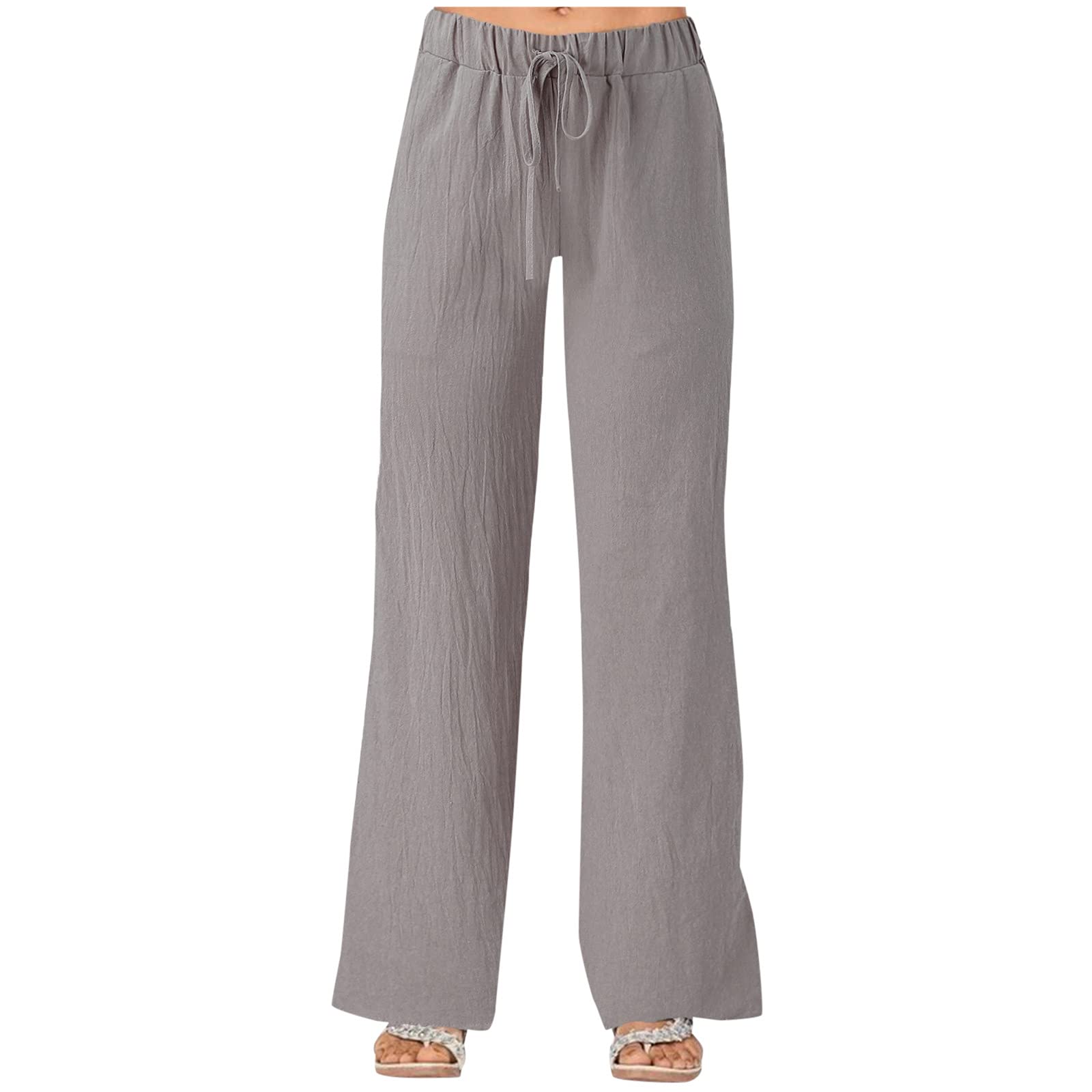 **Women's Wide Leg Linen Pants with Pockets - Casual Loose Fit Solid Color Bandage Trousers for Everyday Wear & Travel**