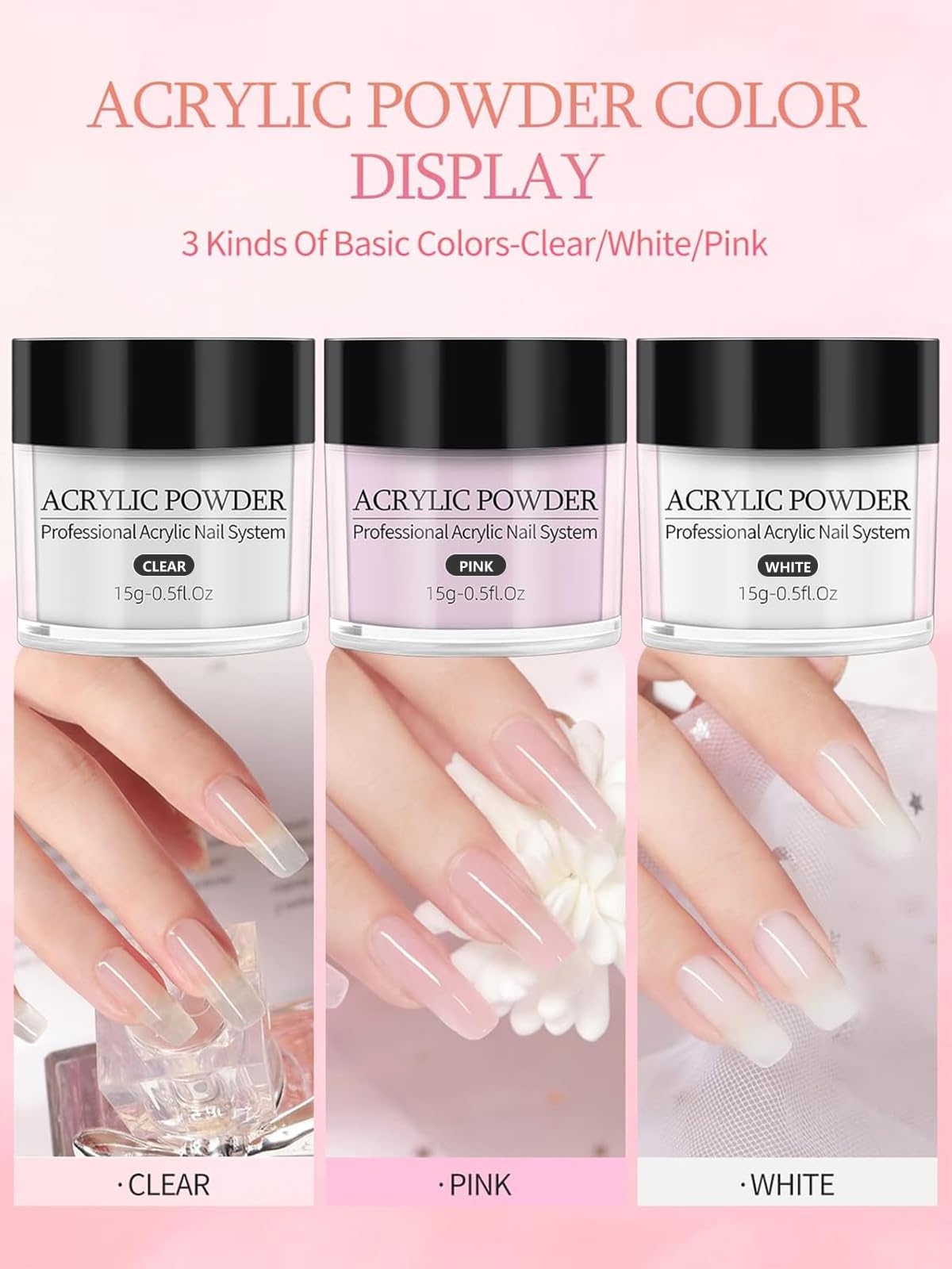 Professional Acrylic Nail Kit Set with Pink, White & Clear Powder - DIY Manicure Supplies for Salon & Home Nail Art | Perfect for Beginners & Professionals