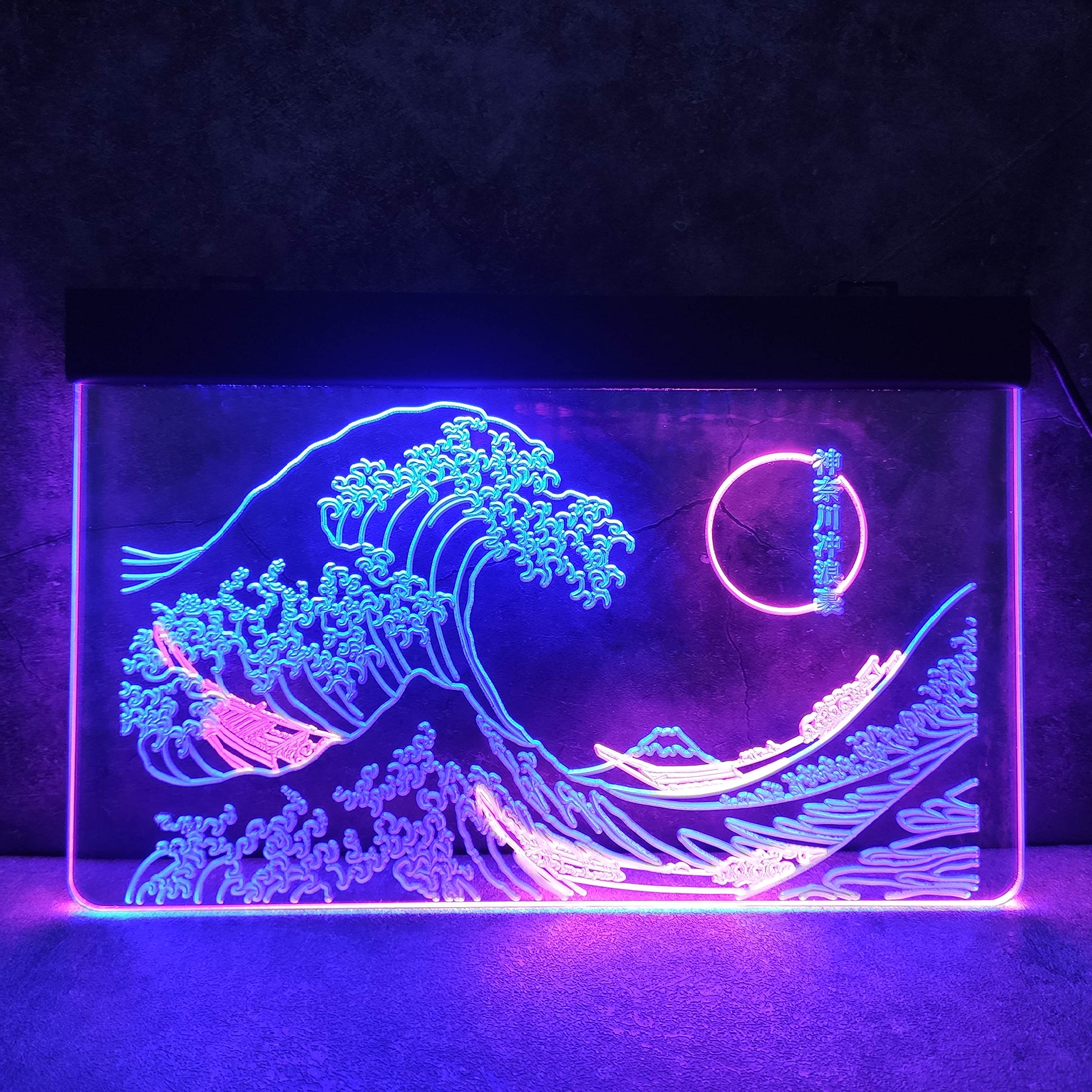 The Great Wave Off Kanagawa LED Neon Sign - 24x16 Inch Japanese Ukiyoe Wall Art Decor | Katsushika Hokusai Inspired Blue & Pink Neon Light for Living Room, Bedroom, Bar & Office Decoration