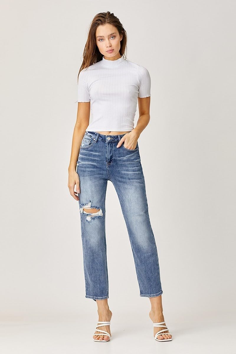 SALT TREE Risen High Waist Straight Jeans for Women - Classic Stretch Denim Pants with Comfortable Fit (Style RDP5099) | Perfect for Casual Wear, Office Outfits & Everyday Fashion